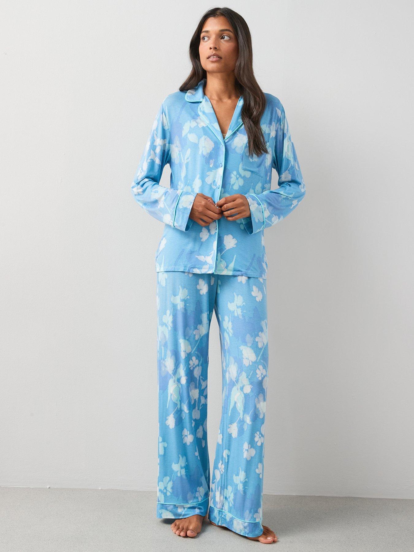 Image 6 of 7 of The Very Collection Floral Jersey Revere Pyjama Set - Blue