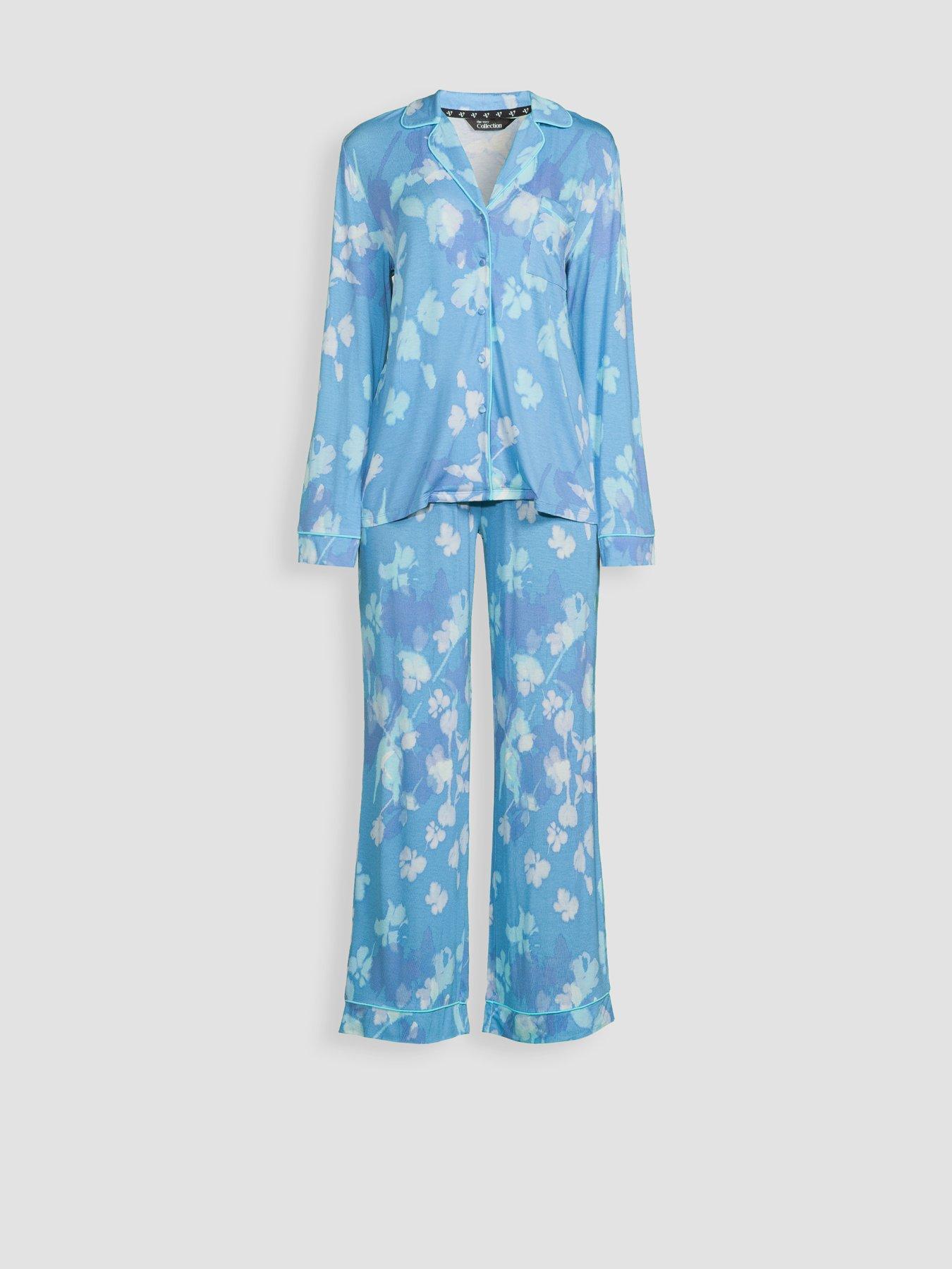 Image 7 of 7 of The Very Collection Floral Jersey Revere Pyjama Set - Blue