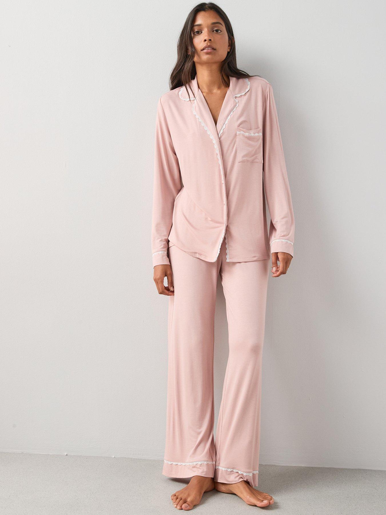 the-very-collection-lace-trim-jersey-revere-pyjama-set-with-matching-scrunchie-pink