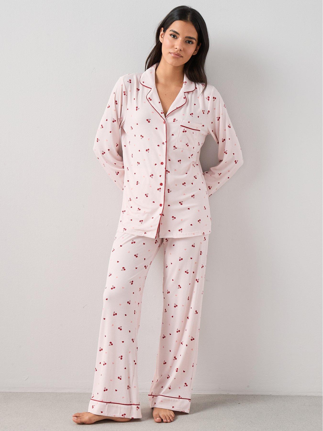 Image 1 of 6 of The Very Collection Ribbed Cherry and Heart Pyjama Set - Pink