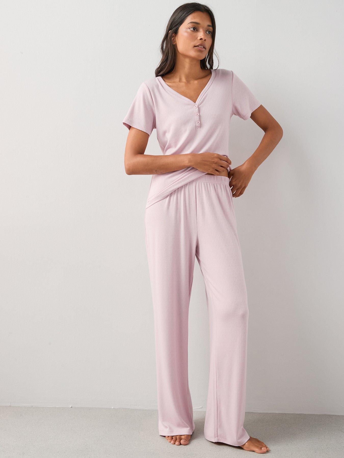 The Very Collection Pointelle Short Sleeve Henley And Wide Leg Pyjama Set - Pink