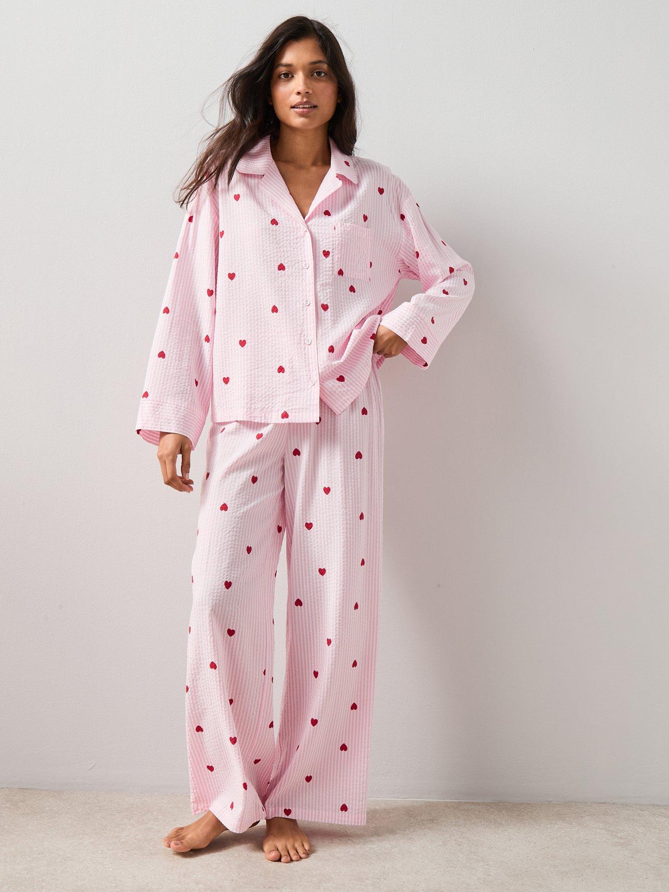 Image 1 of 7 of The Very Collection Woven Printed Heart Stripe Pyjama Set - Pink