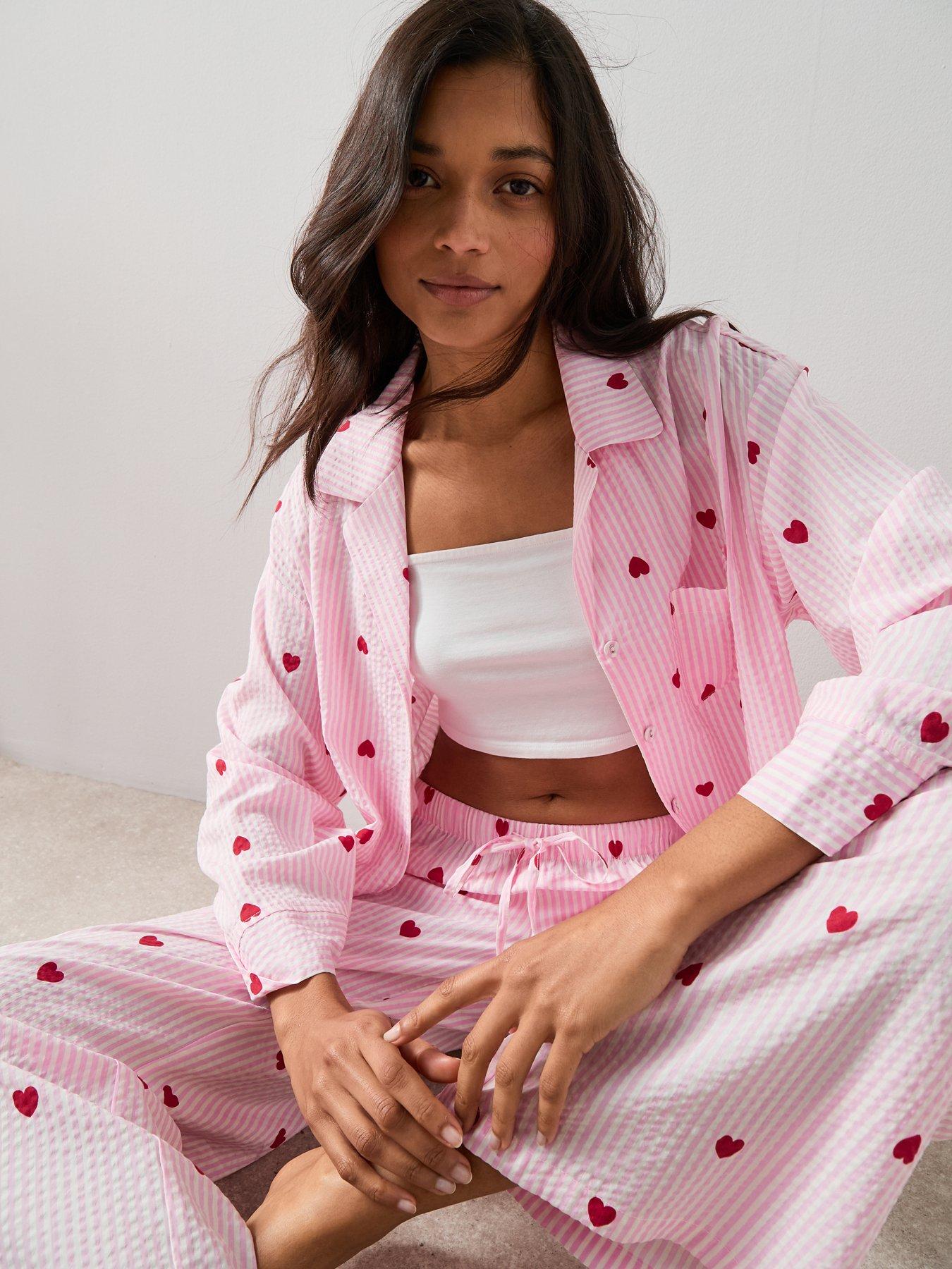 Image 4 of 7 of The Very Collection Woven Printed Heart Stripe Pyjama Set - Pink