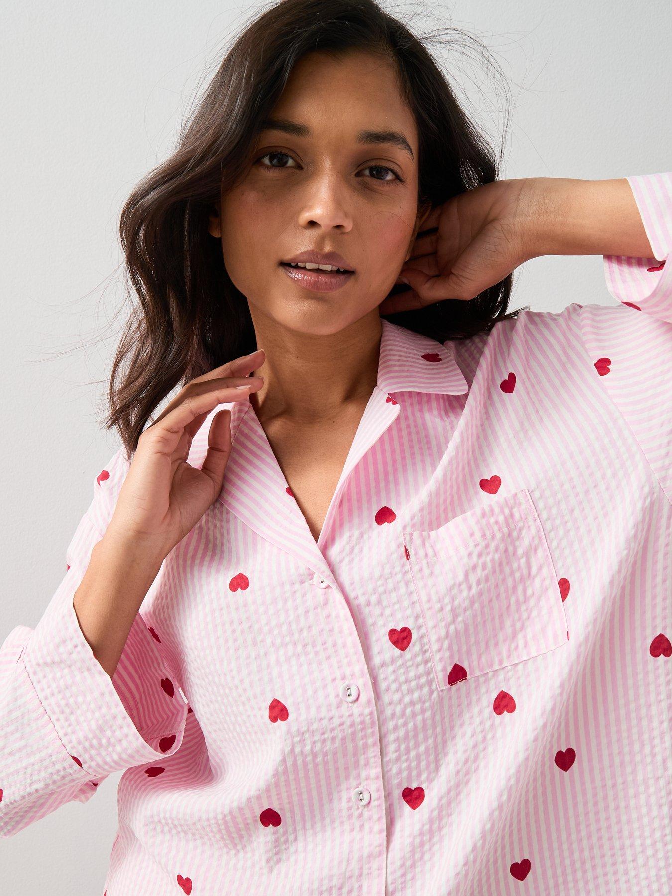 Image 6 of 7 of The Very Collection Woven Printed Heart Stripe Pyjama Set - Pink