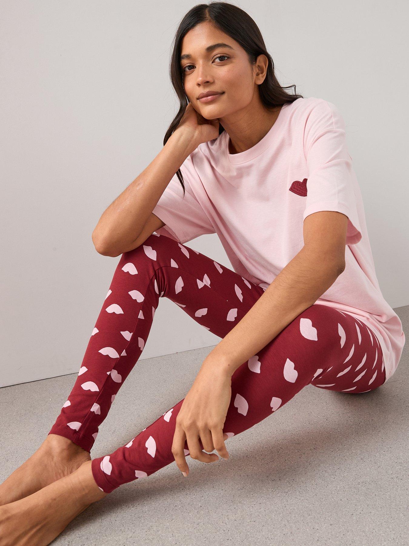 Image 1 of 6 of The Very Collection Embroidered Lip Longline T-Shirt and Legging PJ Set - Pink