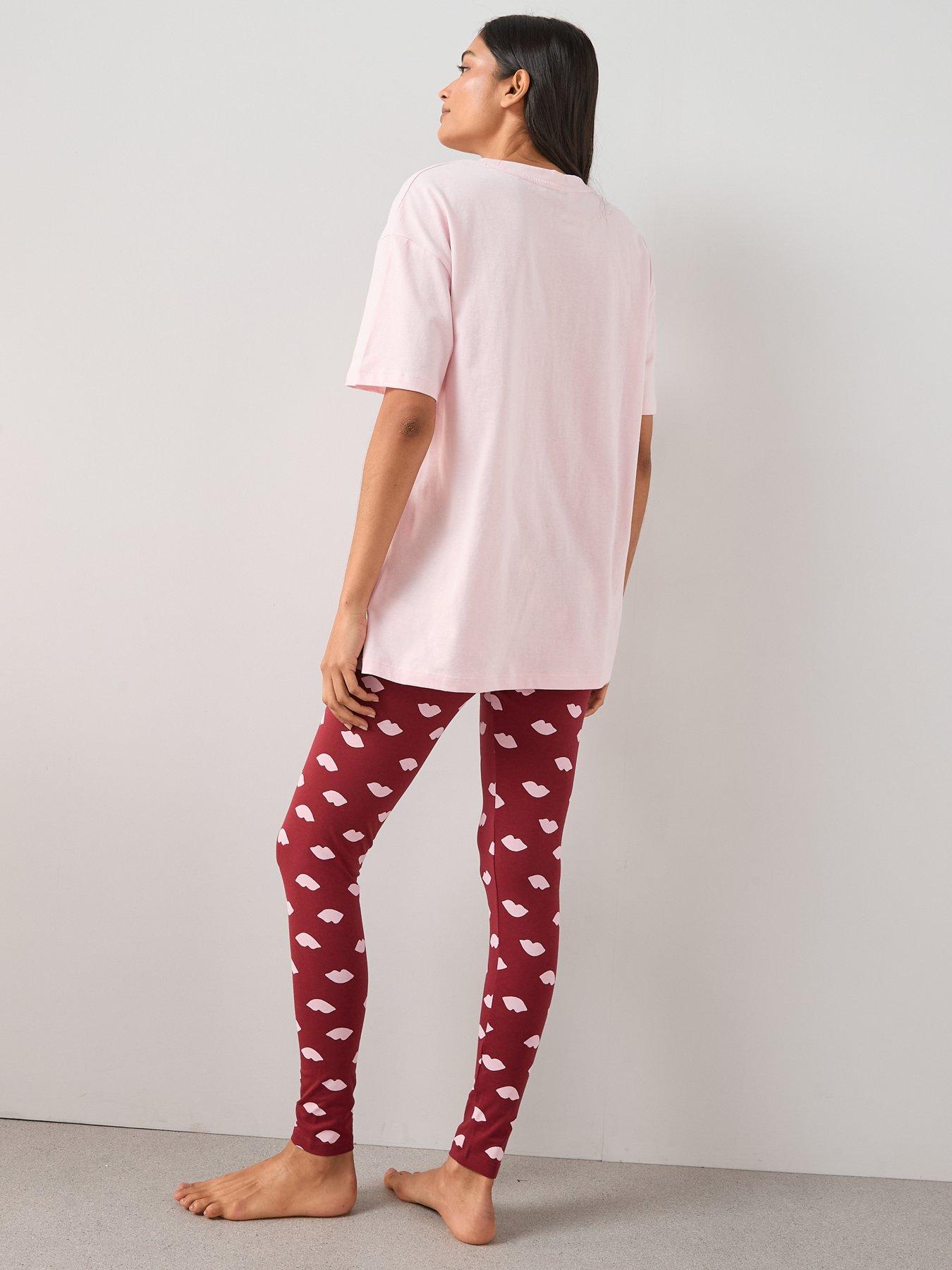 Image 2 of 6 of The Very Collection Embroidered Lip Longline T-Shirt and Legging PJ Set - Pink