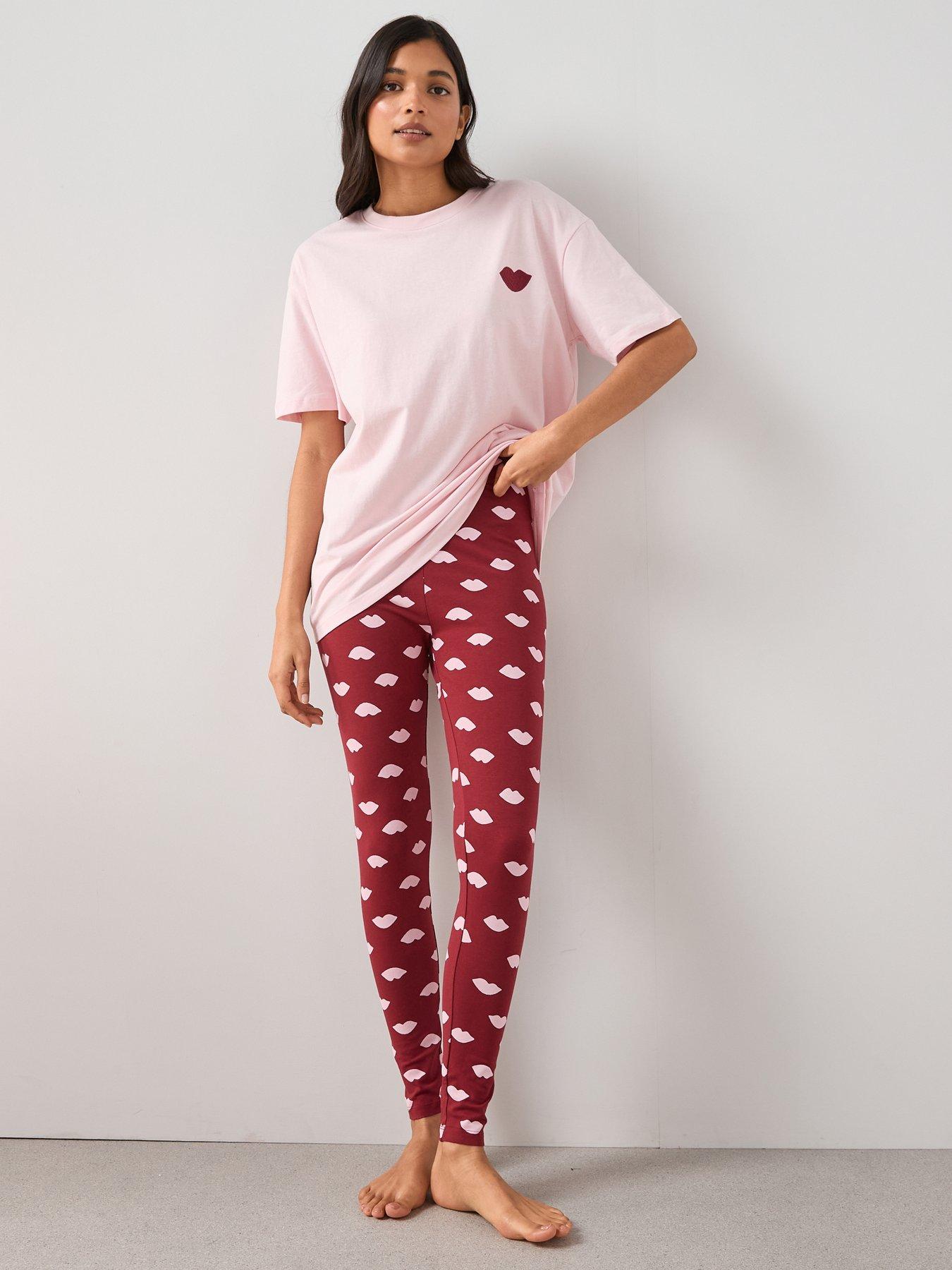 Image 3 of 6 of The Very Collection Embroidered Lip Longline T-Shirt and Legging PJ Set - Pink