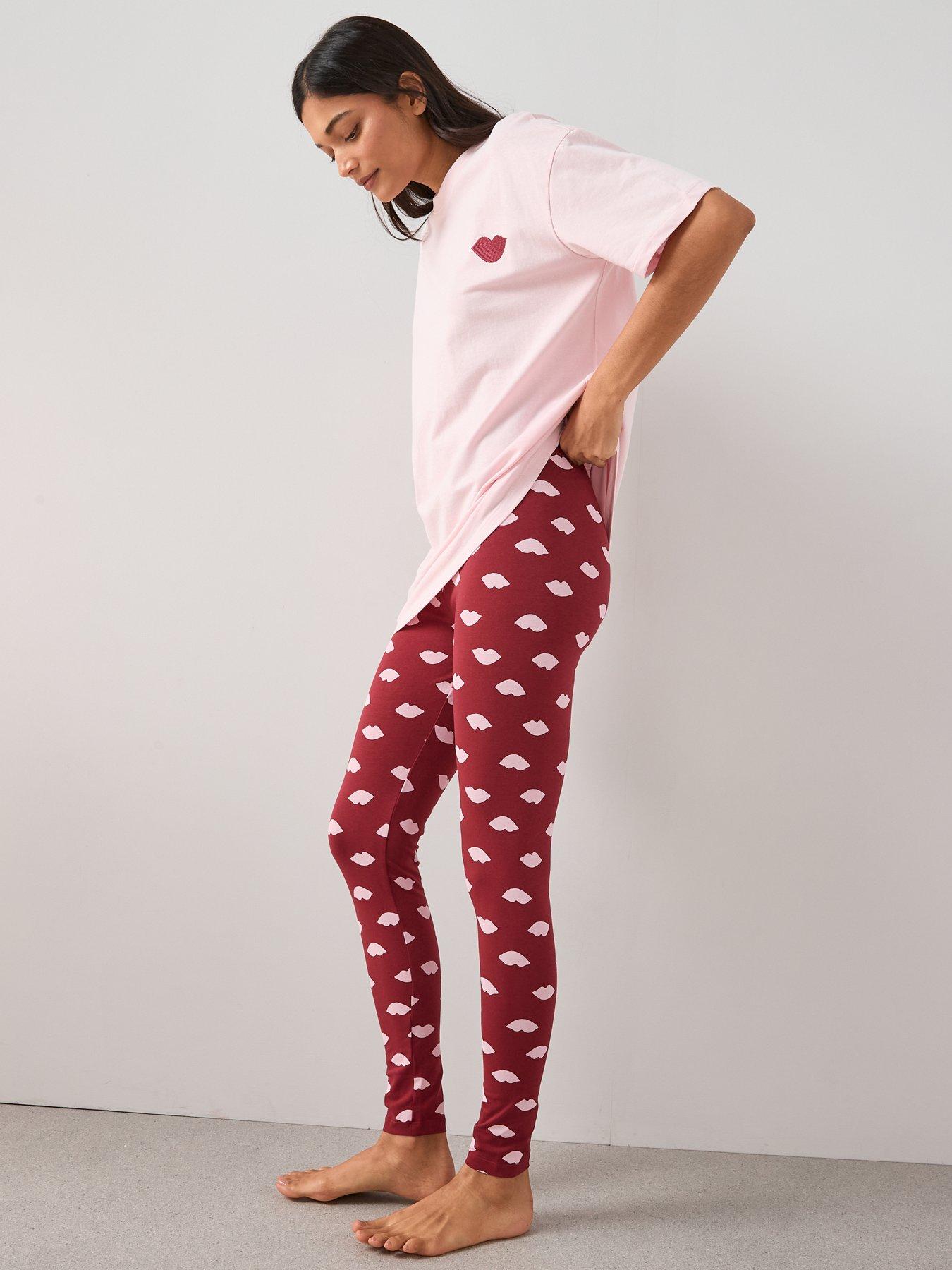 Image 4 of 6 of The Very Collection Embroidered Lip Longline T-Shirt and Legging PJ Set - Pink
