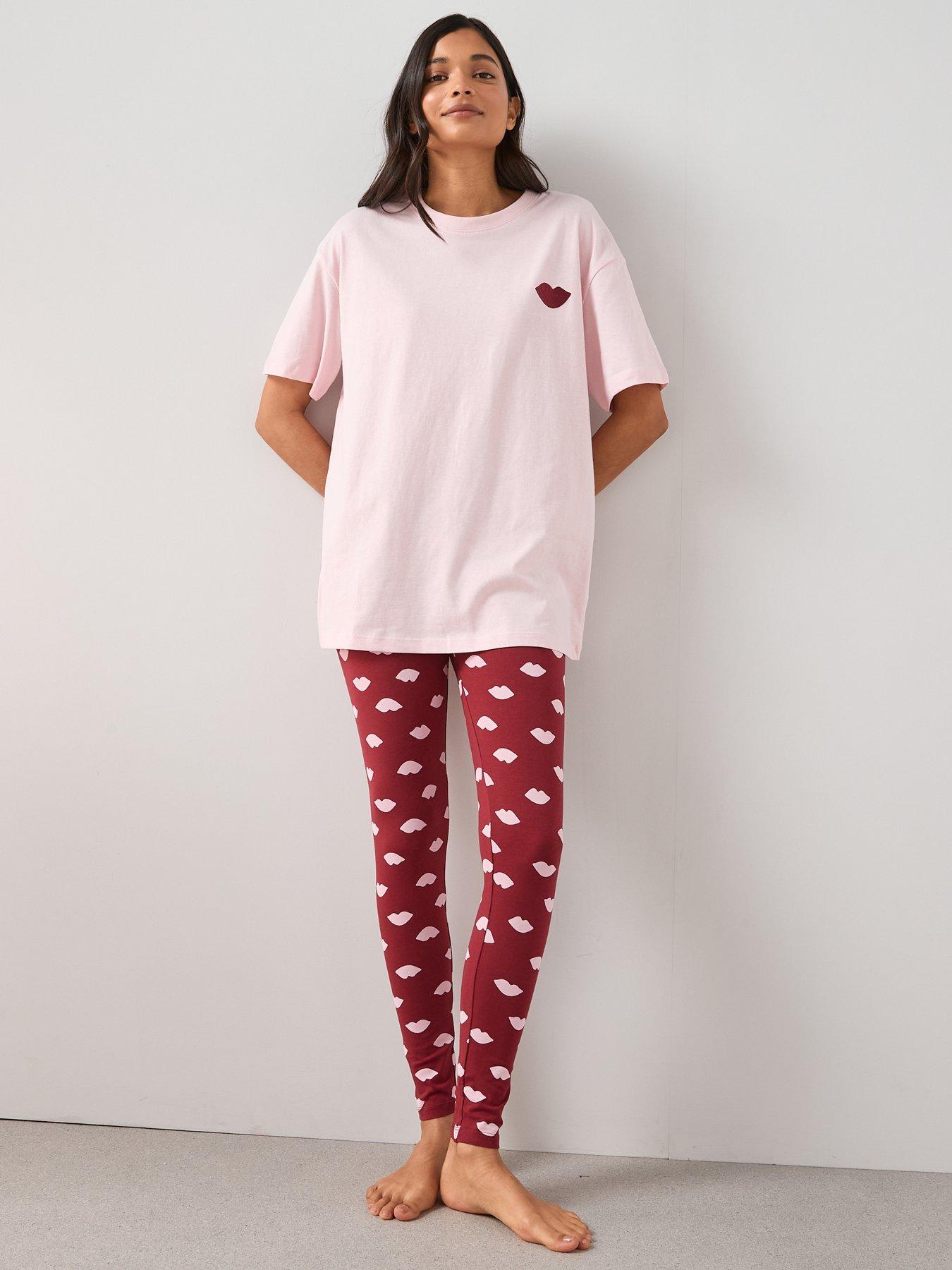 Image 5 of 6 of The Very Collection Embroidered Lip Longline T-Shirt and Legging PJ Set - Pink