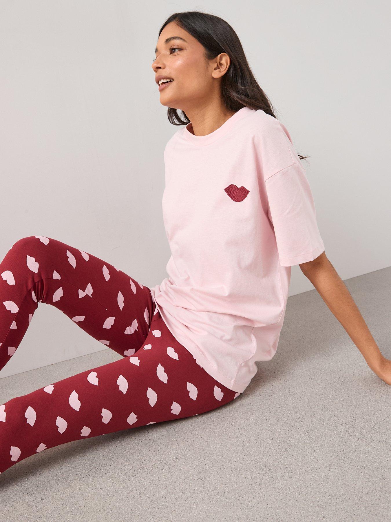 Image 6 of 6 of The Very Collection Embroidered Lip Longline T-Shirt and Legging PJ Set - Pink