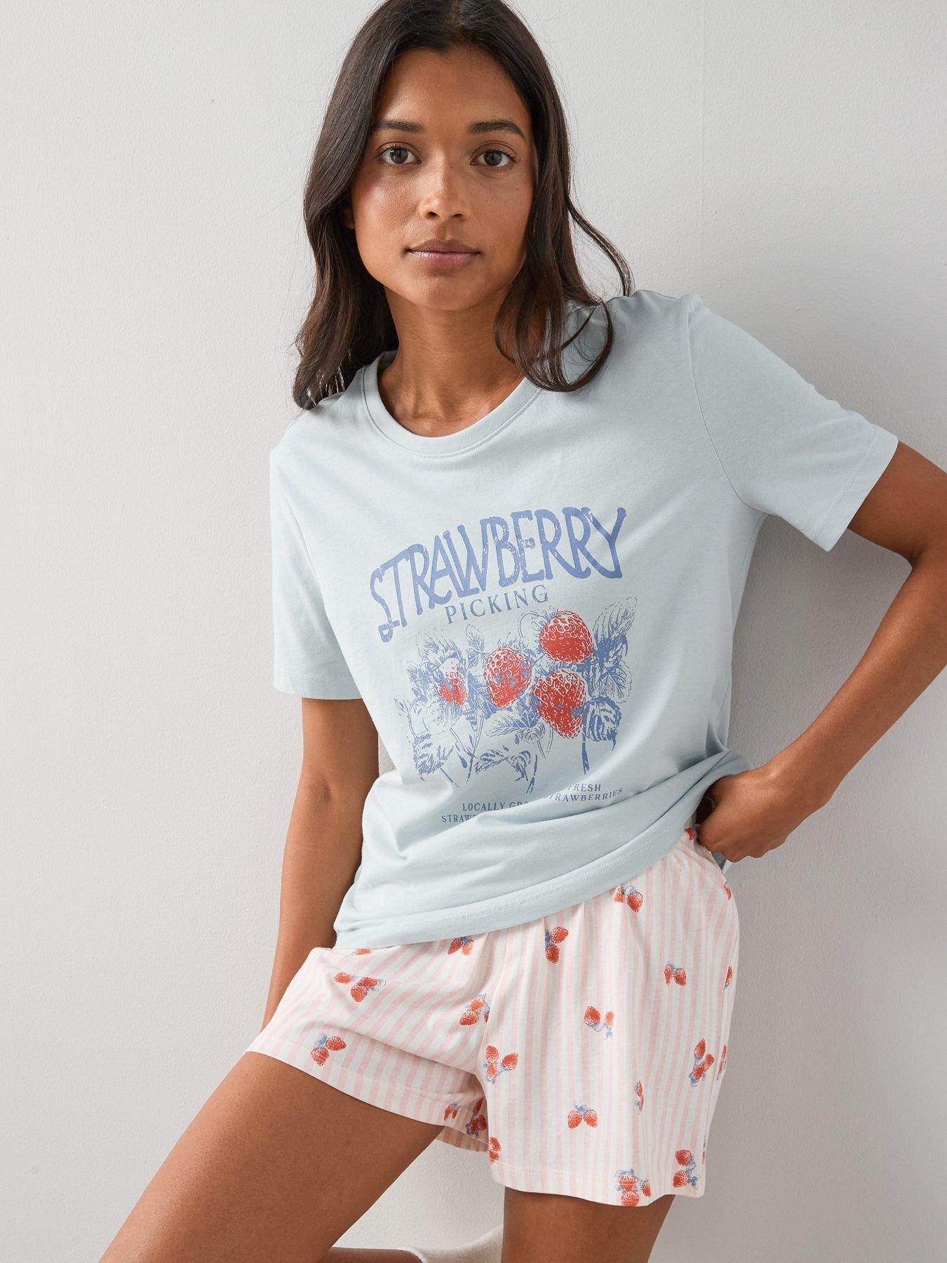 The Very Collection Strawberry Print Short Sleeve Tshirt And Short Pyjama Set - Blue