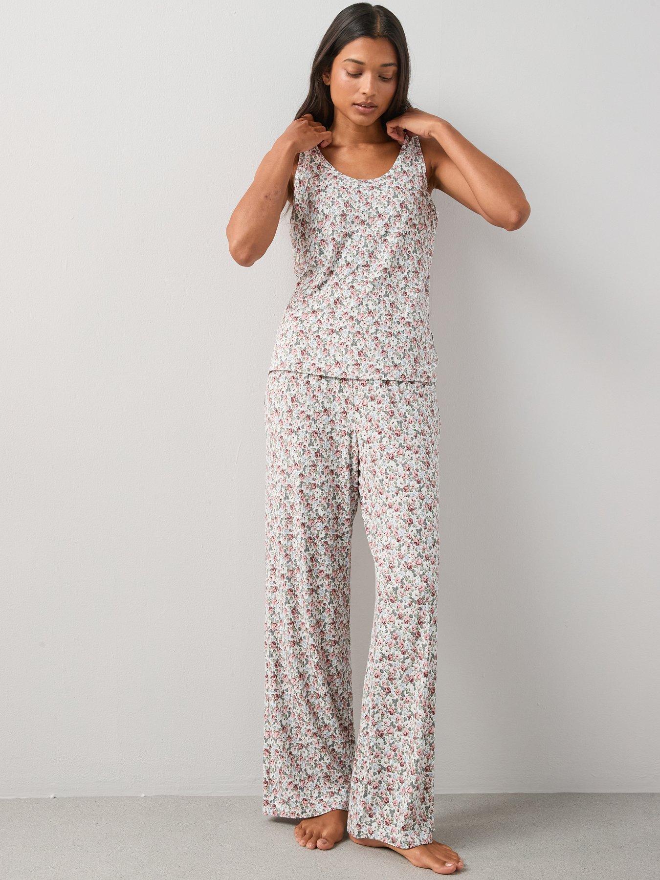 Image 1 of 7 of The Very Collection Rib Soft Touch Floral Vest And Wide Leg Pyjama Set - Multi