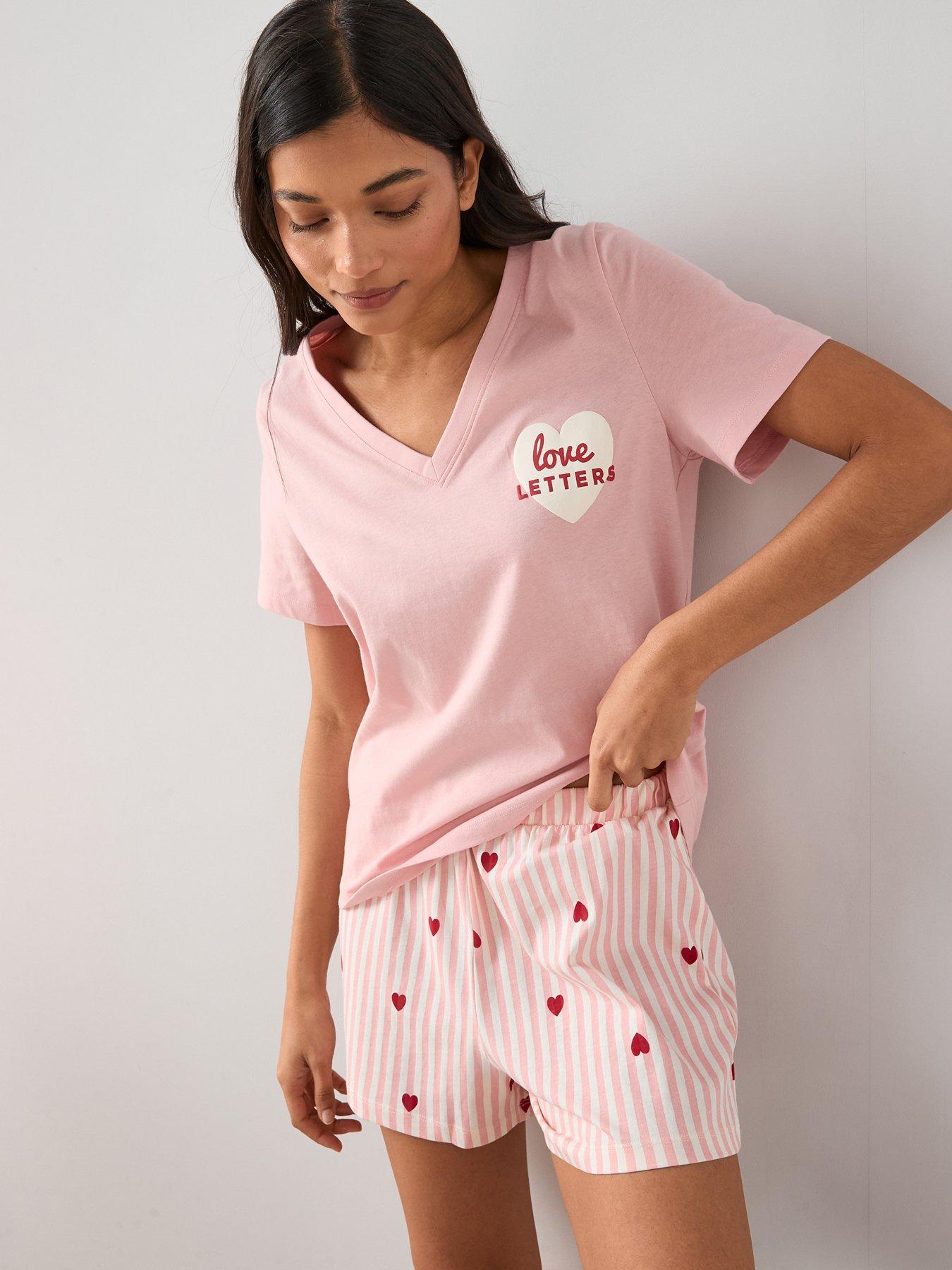 Image 1 of 6 of The Very Collection V Neck Love Letters T-Shirt and Shorts Pyjama Set - Pink