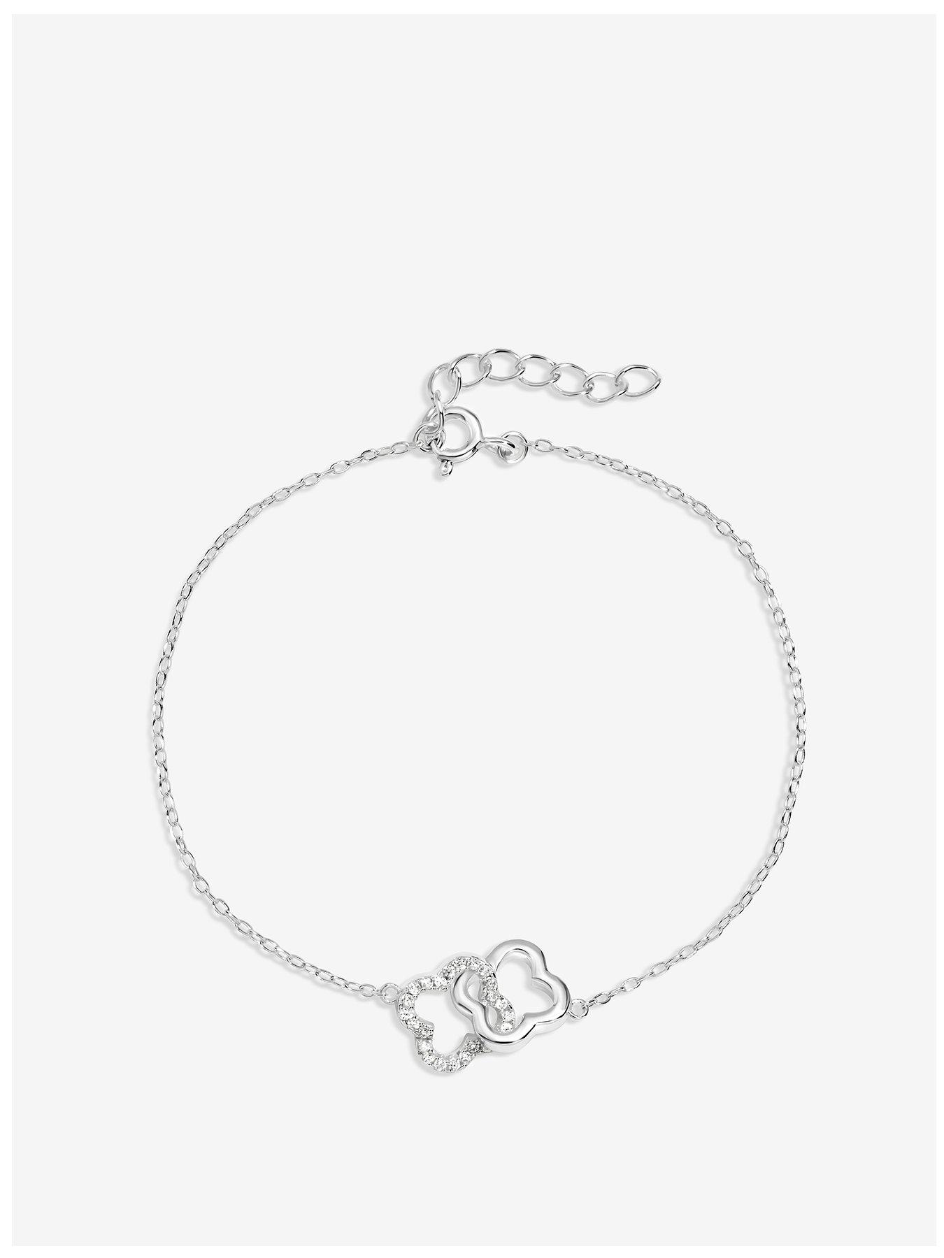 Simply Silver Sterling 925 Pave Interlink Clover Bracelet - Gift Pouch