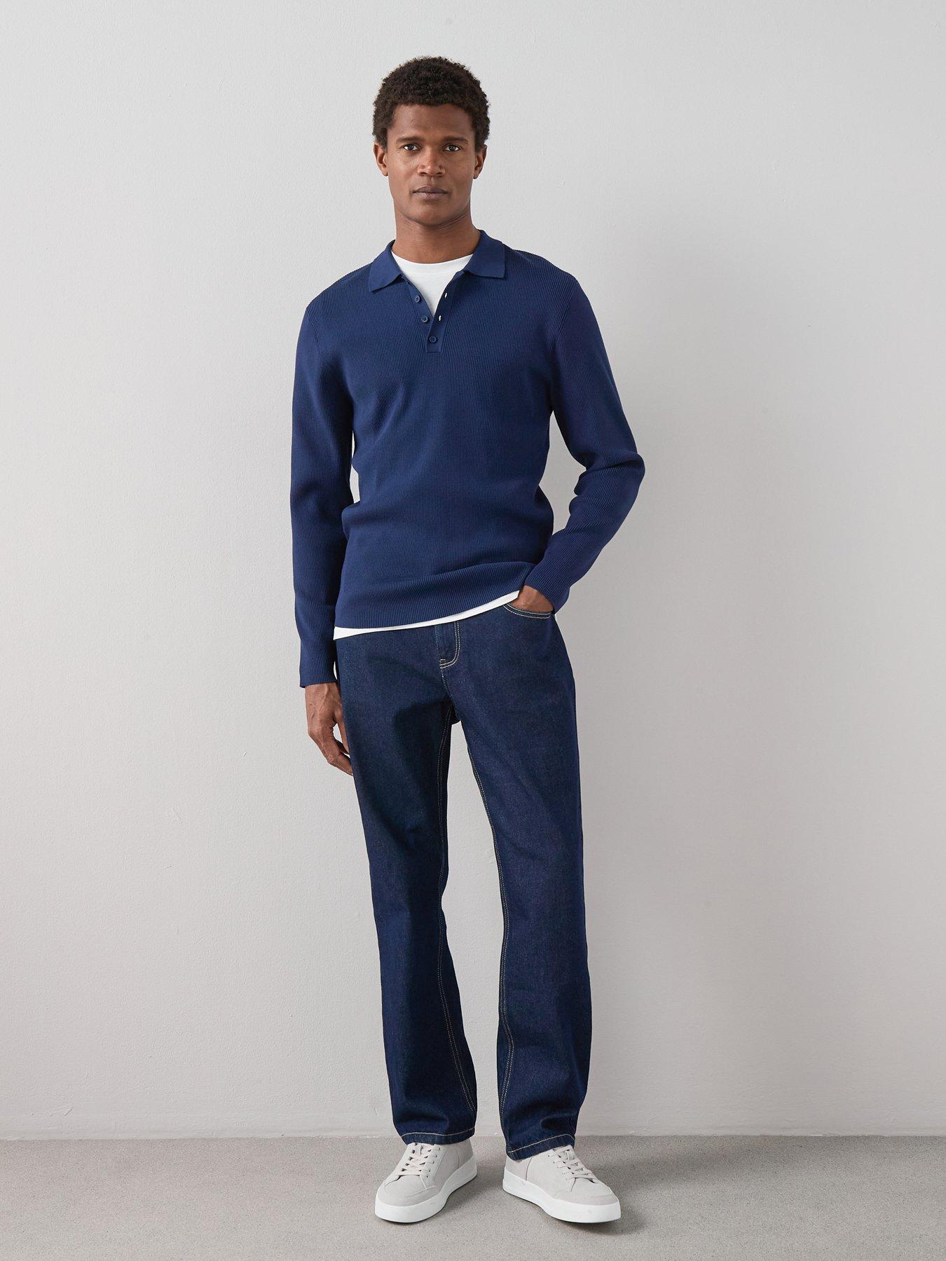 Image 1 of 7 of The Very Collection Long Sleeve Ribbed Knitted Polo Top - Blue