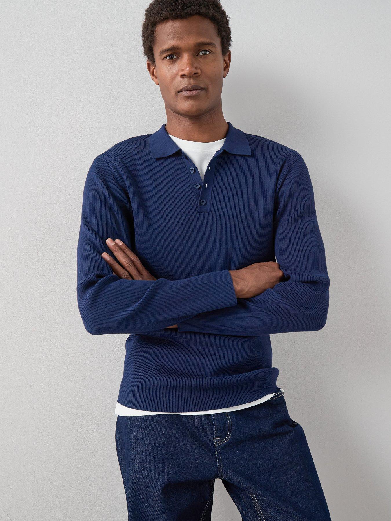 Image 4 of 7 of The Very Collection Long Sleeve Ribbed Knitted Polo Top - Blue