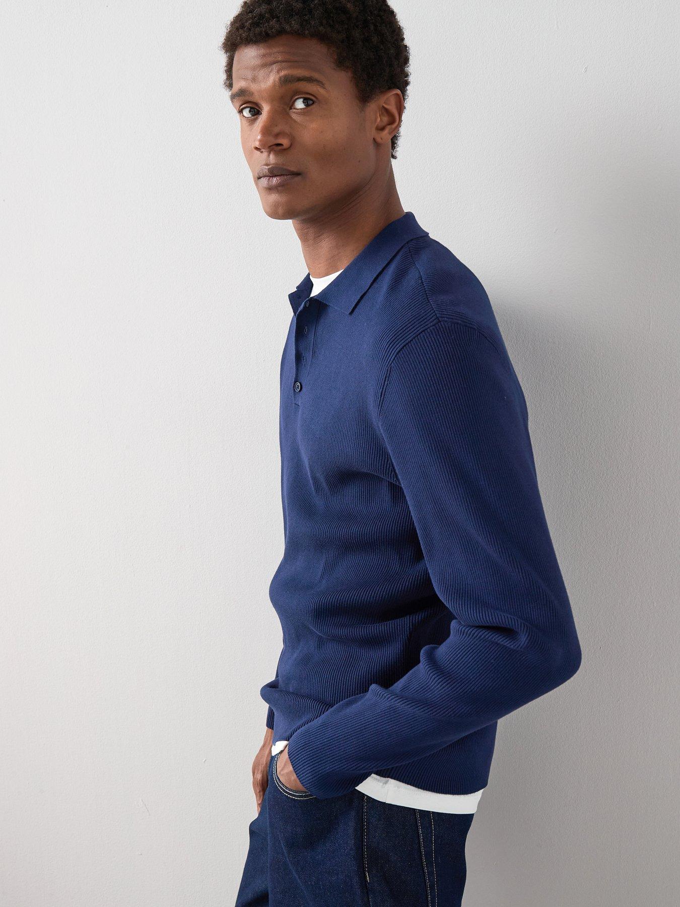 Image 5 of 7 of The Very Collection Long Sleeve Ribbed Knitted Polo Top - Blue