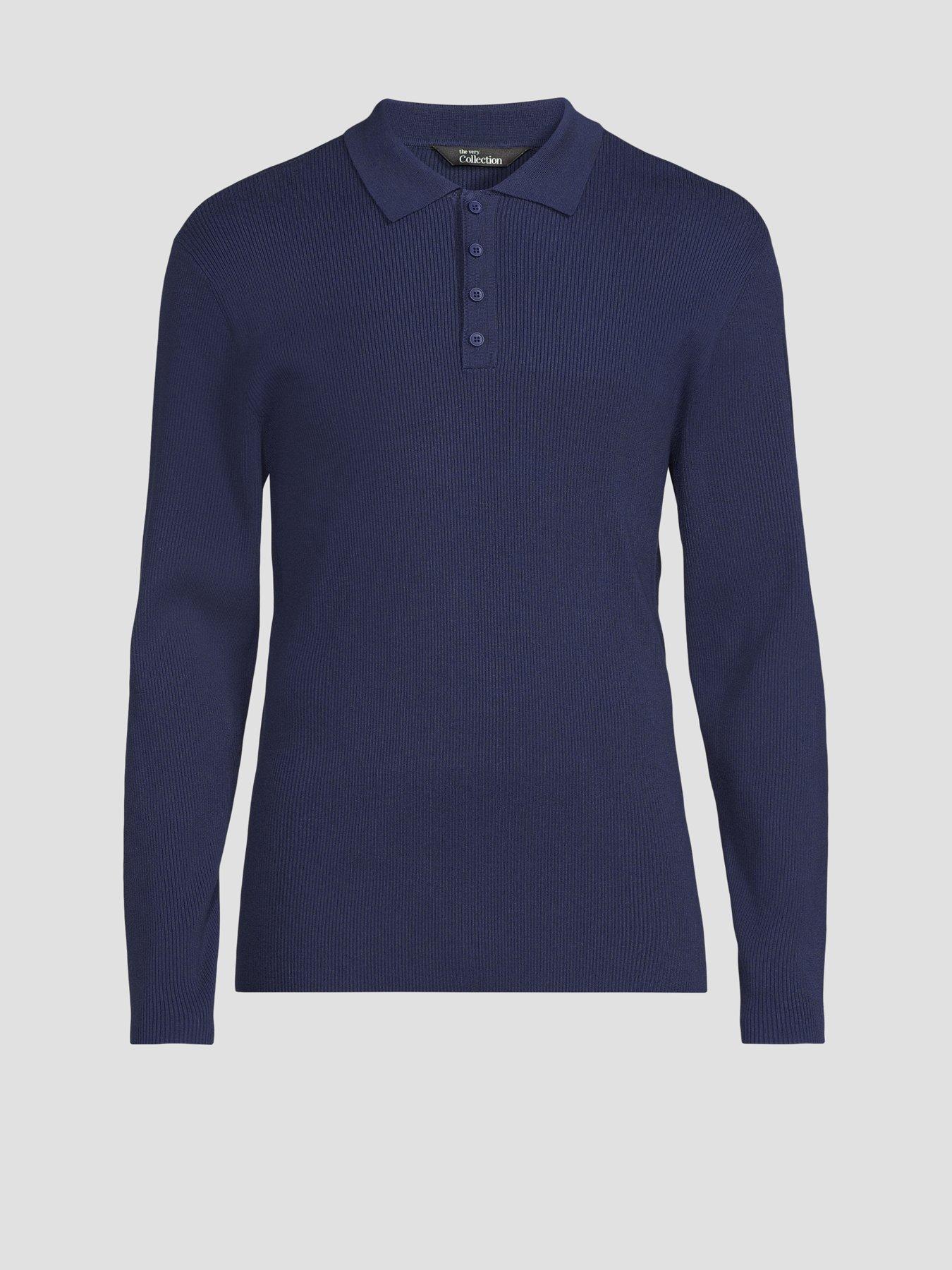 Image 7 of 7 of The Very Collection Long Sleeve Ribbed Knitted Polo Top - Blue