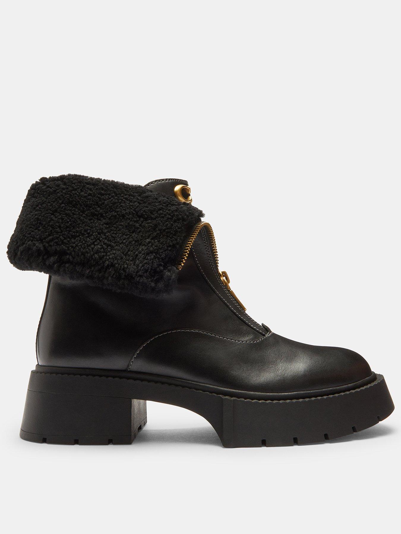 COACH Leah Platform Leather Shearling Zip Bootie - Black