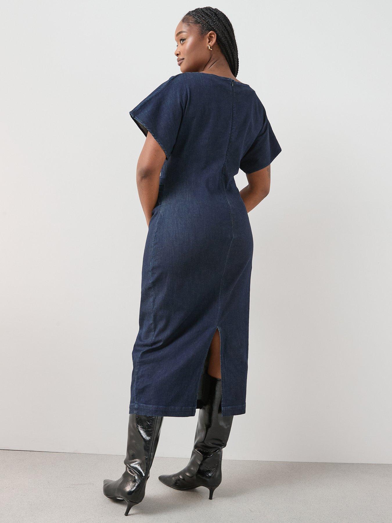 Image 2 of 6 of The Very Collection Curve Ruched Stretch Denim Midi Dres