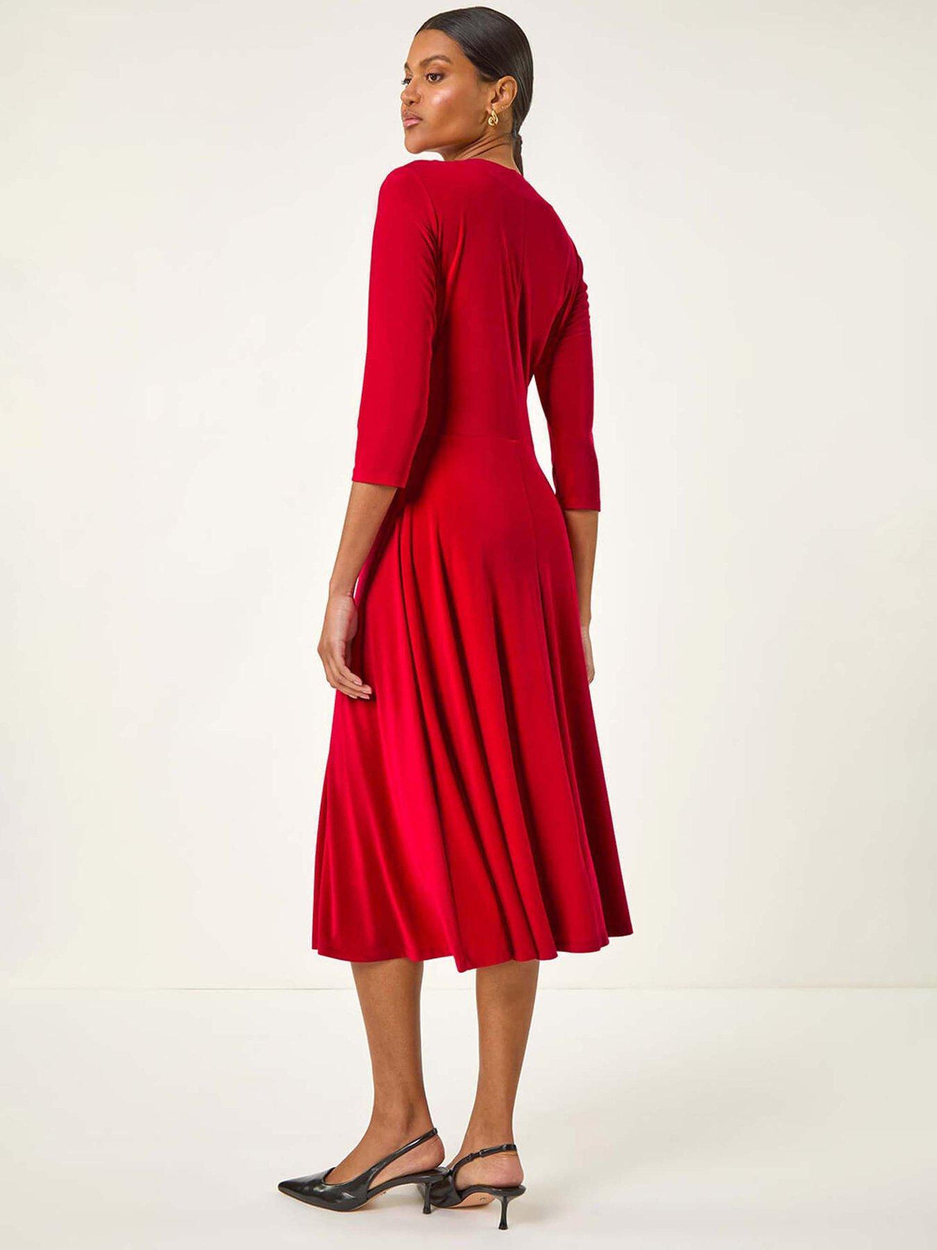 Image 2 of 5 of Roman Stretch Crossover Midi Dress - Red