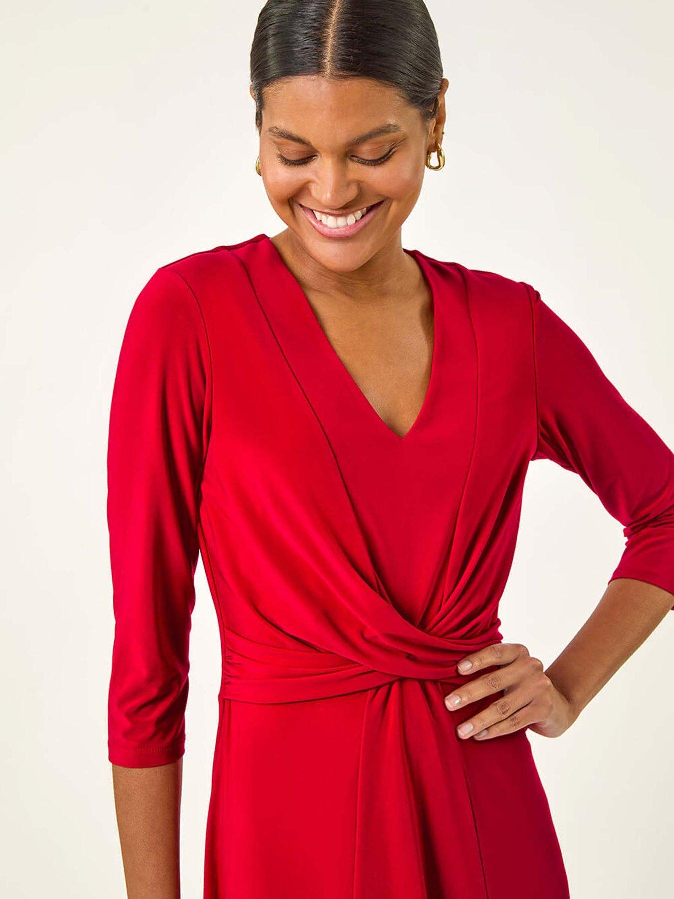 Image 4 of 5 of Roman Stretch Crossover Midi Dress - Red