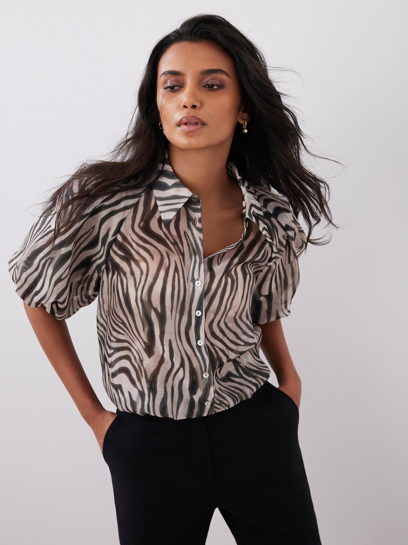Image 2 of 6 of Mint Velvet Zebra Print Puff Sleeve Top - Green