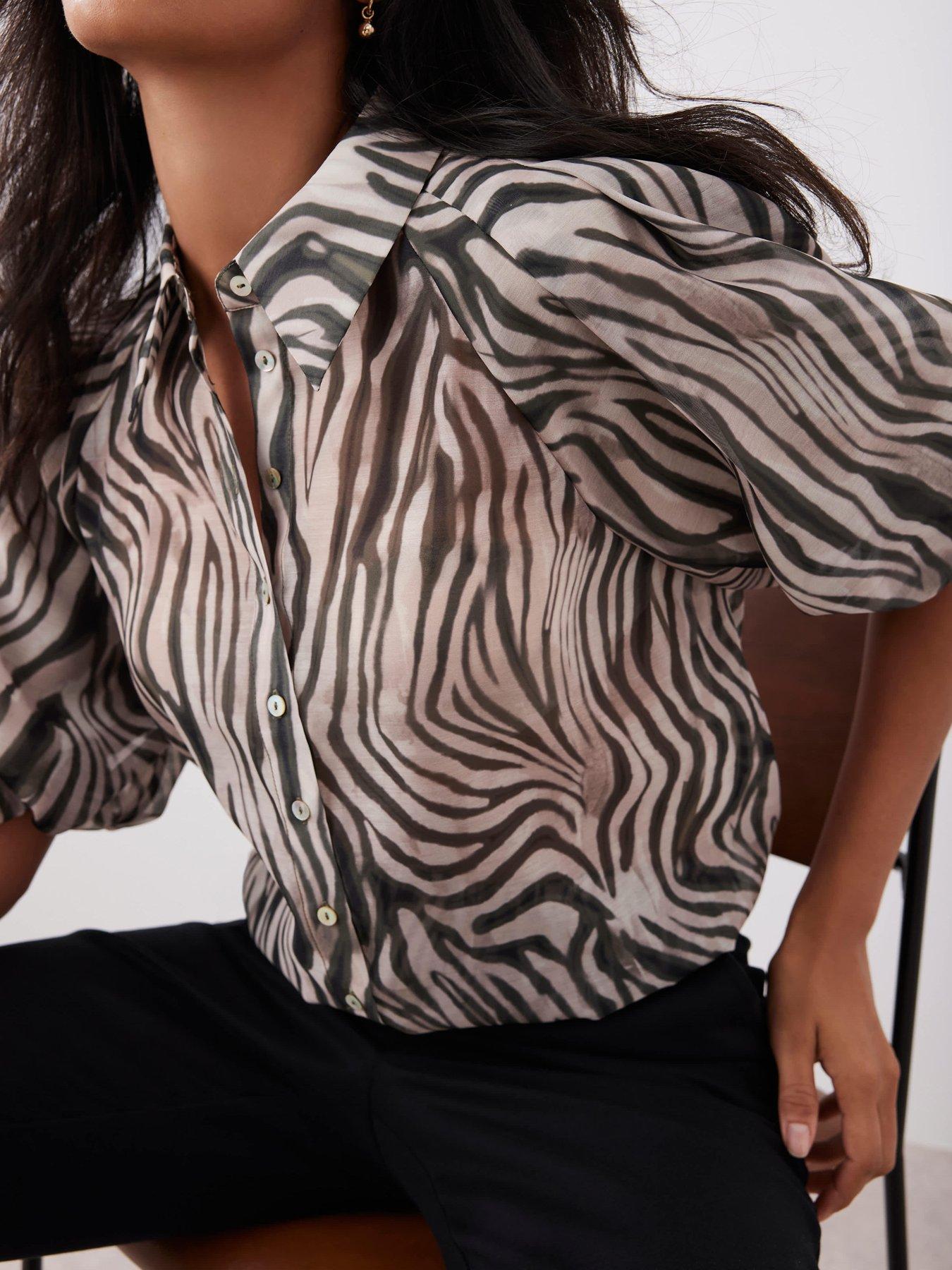Image 4 of 6 of Mint Velvet Zebra Print Puff Sleeve Top - Green