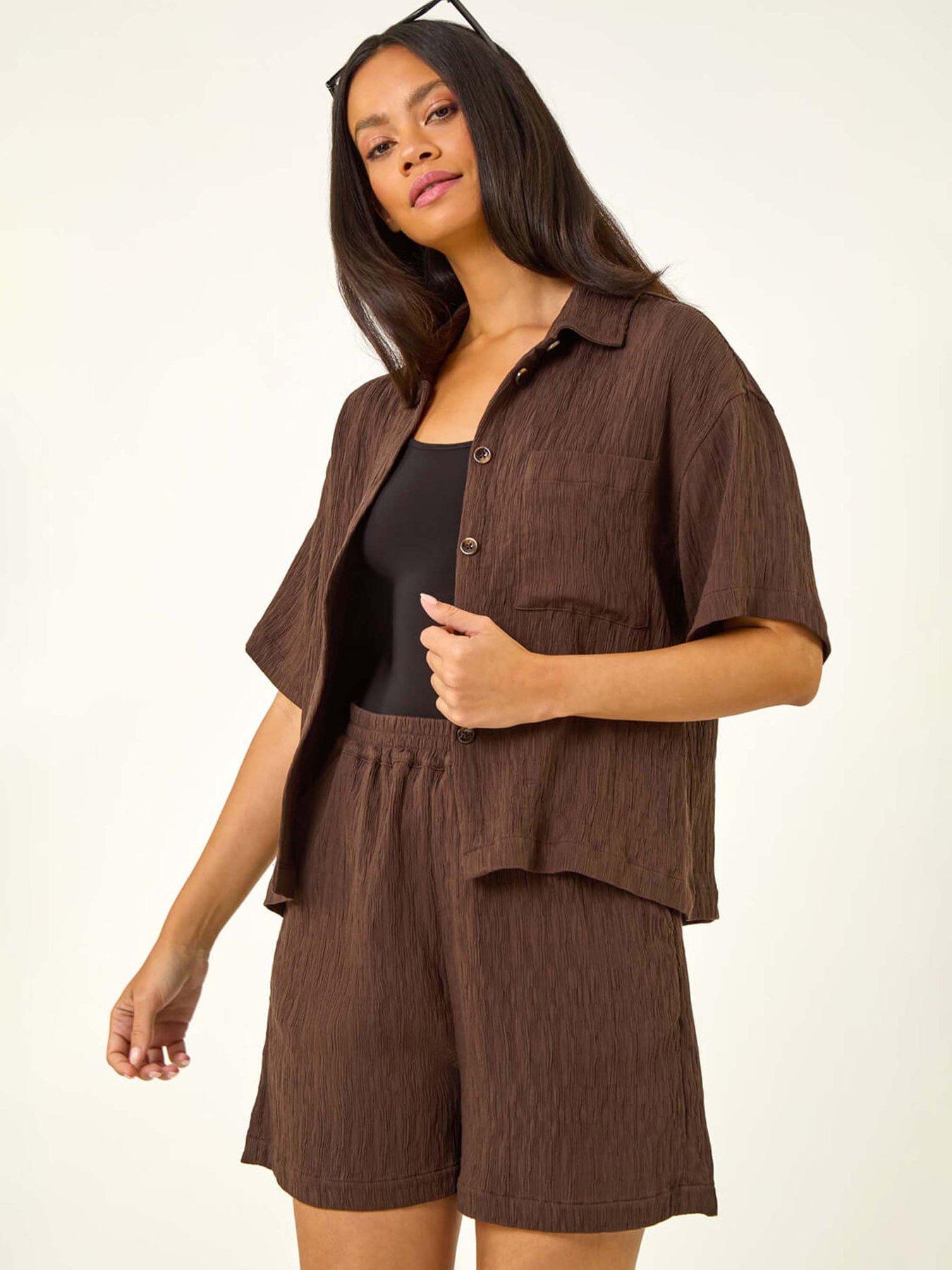 Roman Dusk Textured Buttoned Blouse - Brown
