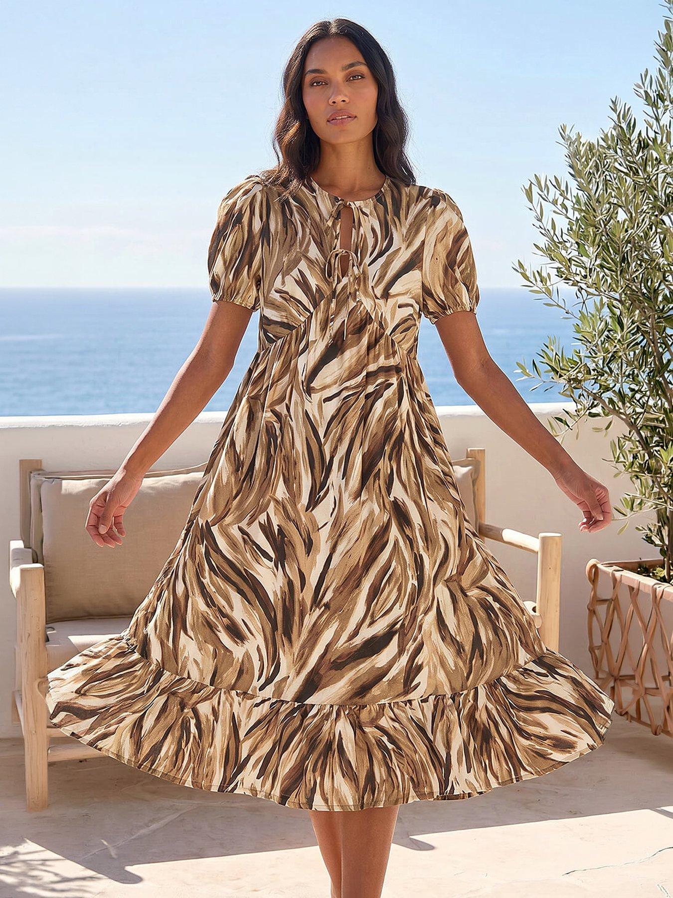 Image 1 of 4 of Roman Abstract Print Tie Front Smock Dress - Beige