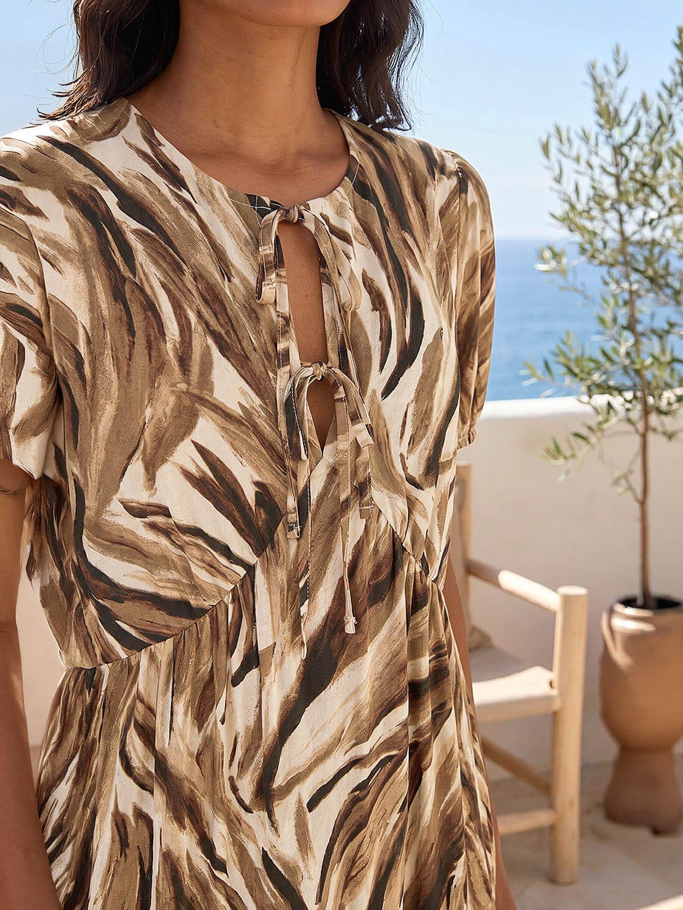 Image 2 of 4 of Roman Abstract Print Tie Front Smock Dress - Beige