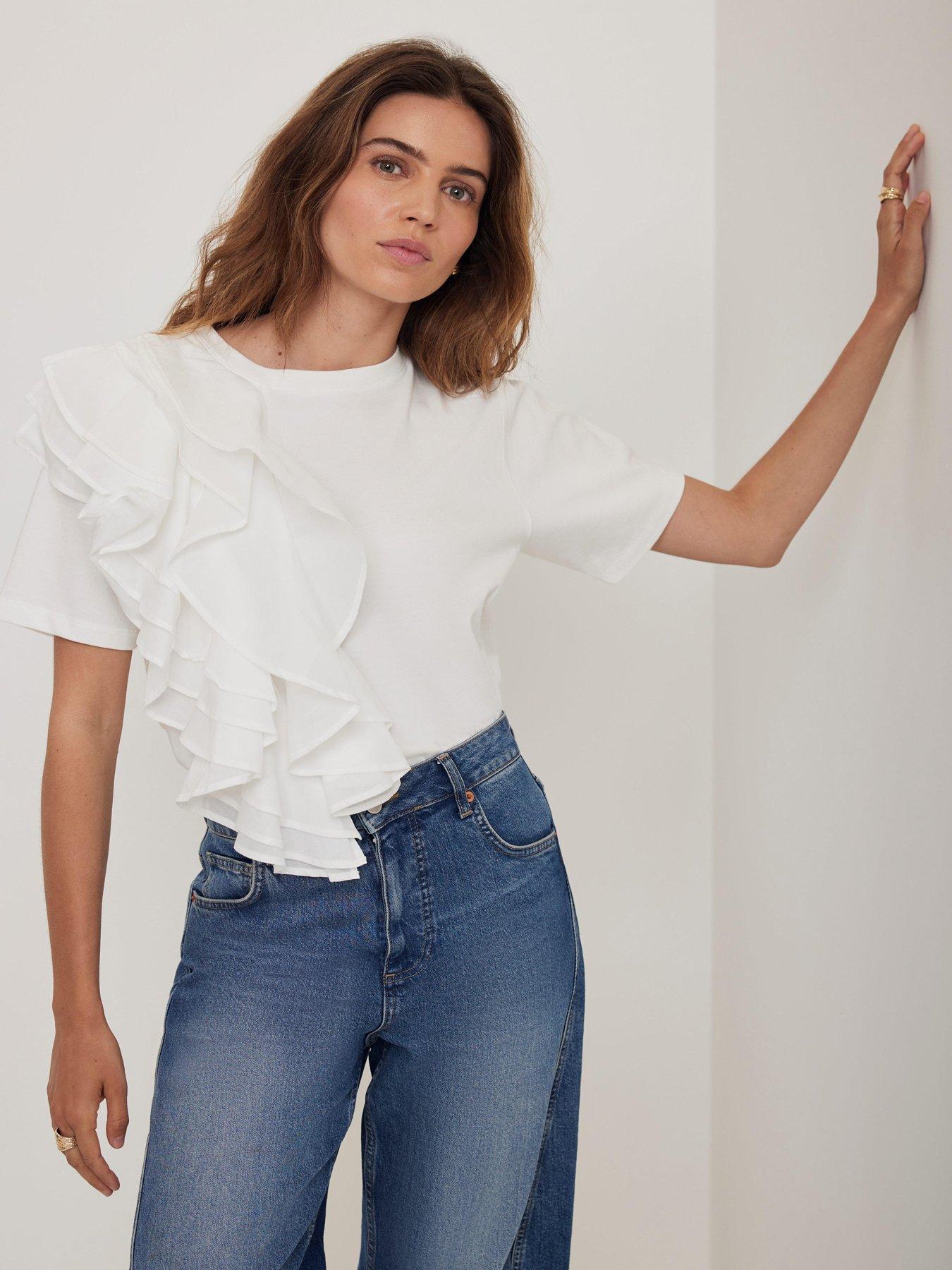 Mint Velvet Ivory Cotton Frill T-Shirt - White