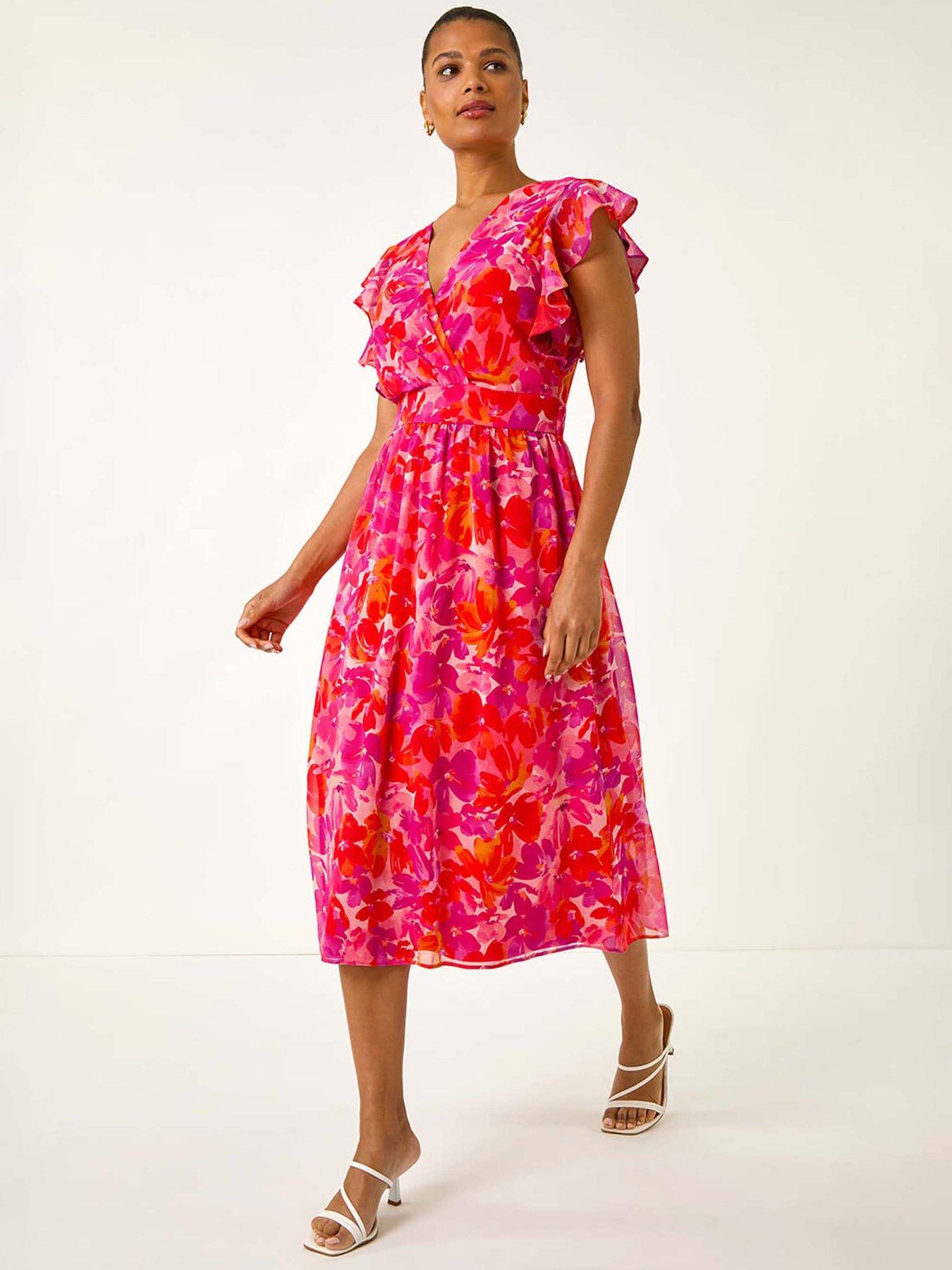 Roman Floral Bias Midi Dress - Orange