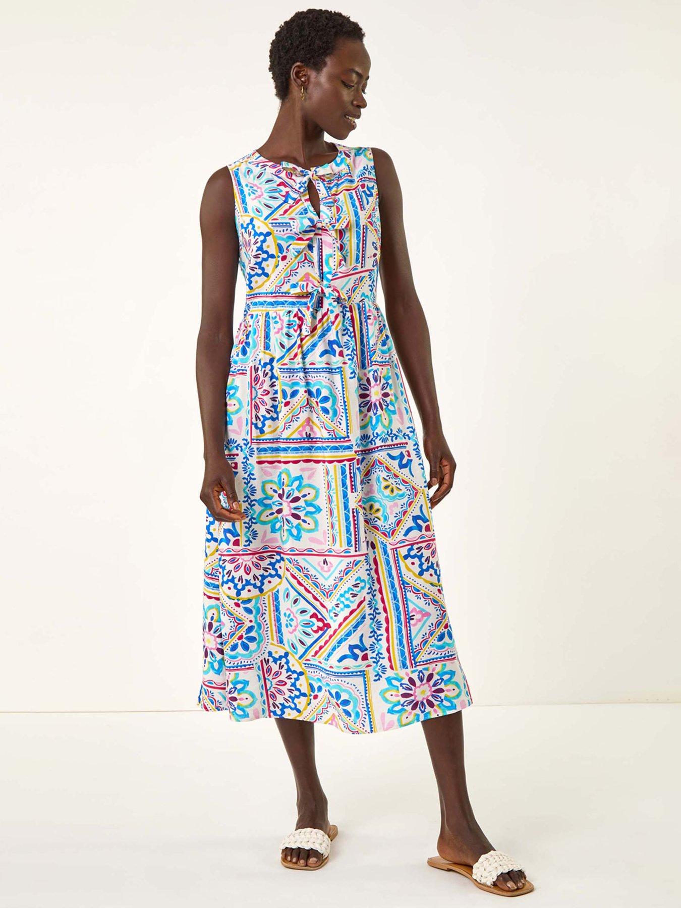 Roman Tile Print Bow Front Midi Dress - Blue