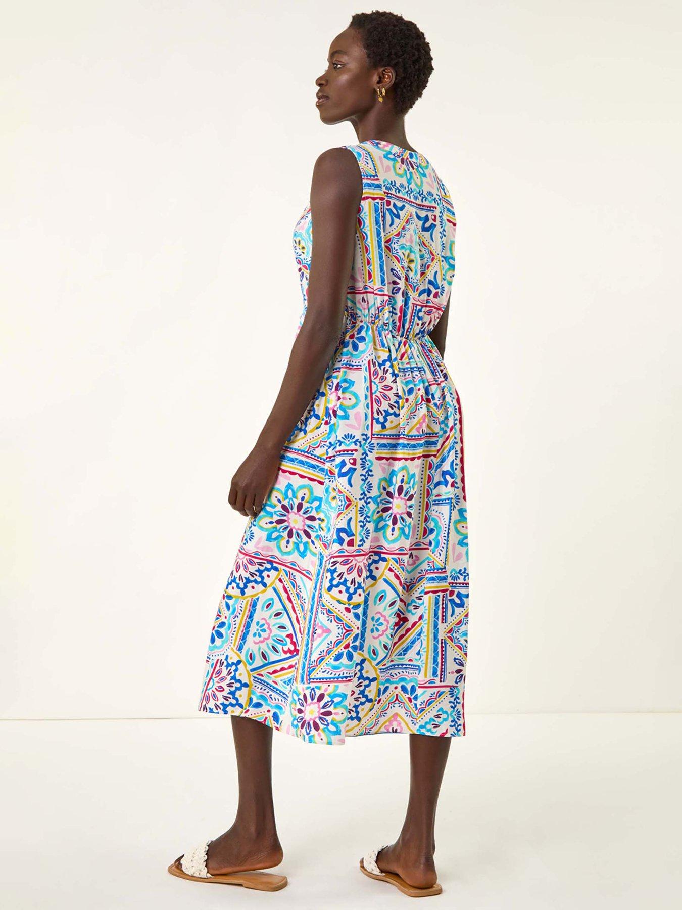 roman-tile-print-bow-front-midi-dress-bluestillFront