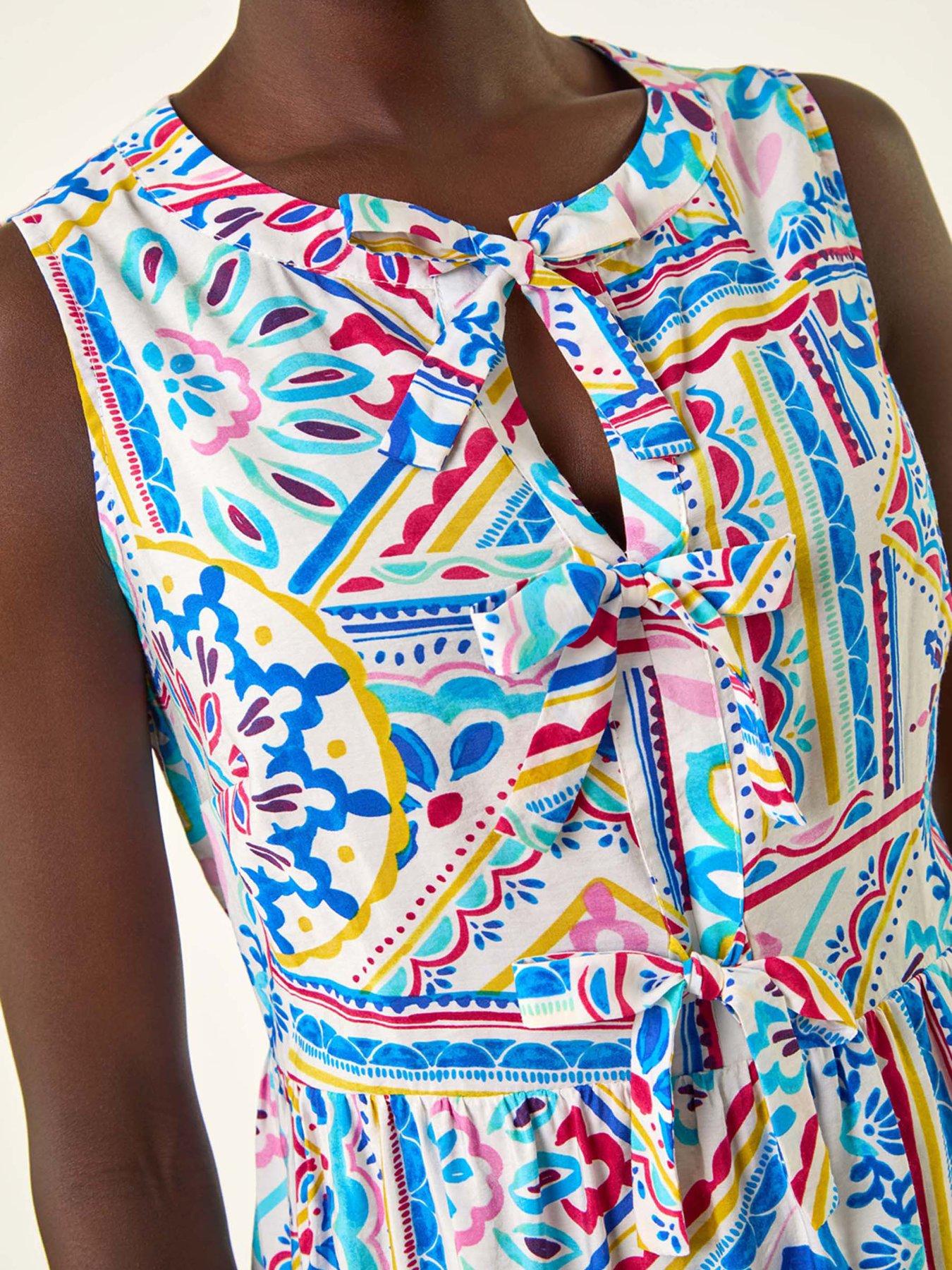 roman-tile-print-bow-front-midi-dress-bluedetail