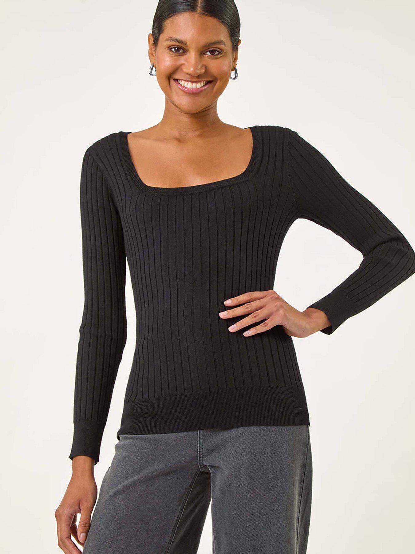 Image 1 of 5 of Roman Square Neck Ribbed Knit Jumper - Black