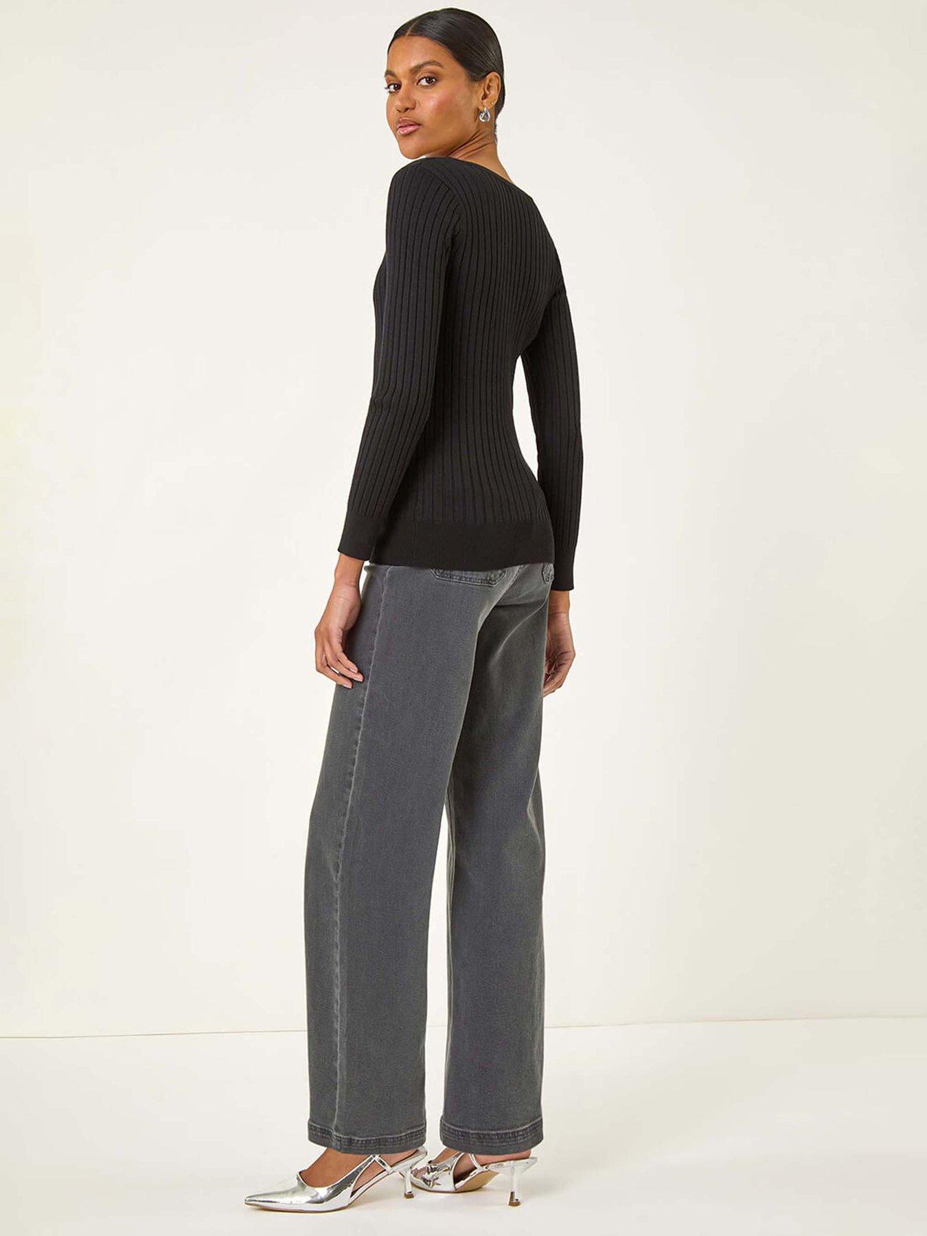 Image 2 of 5 of Roman Square Neck Ribbed Knit Jumper - Black