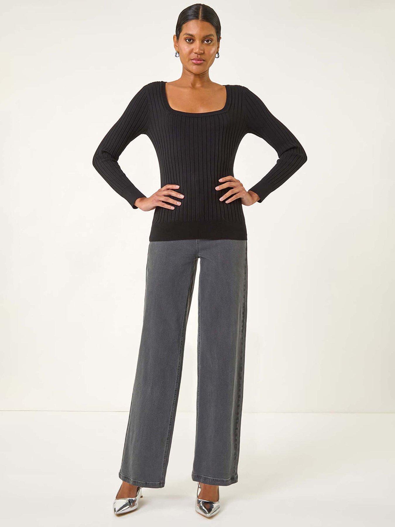 Image 3 of 5 of Roman Square Neck Ribbed Knit Jumper - Black