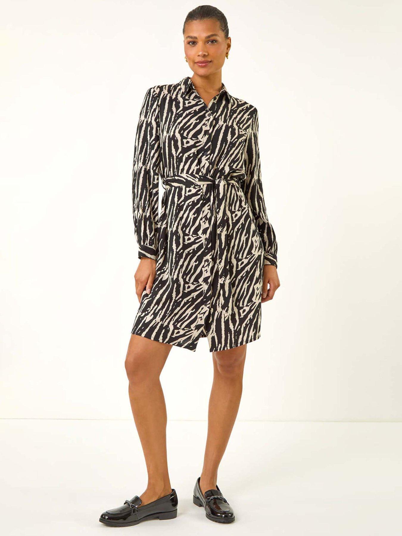 Roman Animal Print Tie Waist Dress - Black