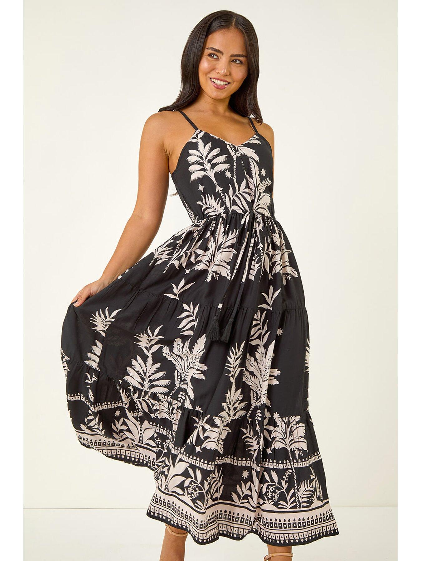 roman-petite-leaf-print-strap-maxi-dress-blackfront