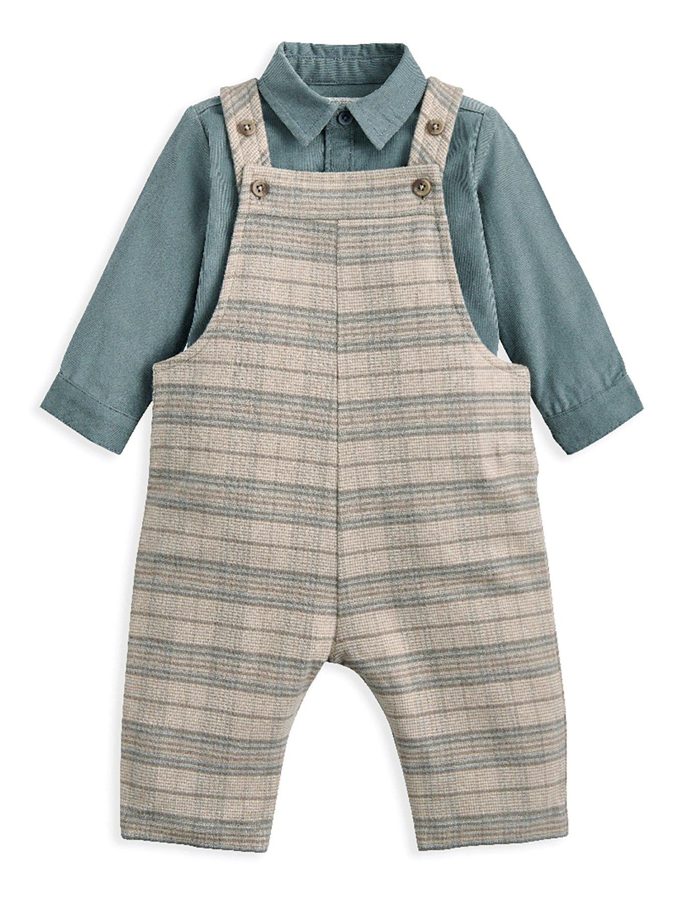 Mamas & Papas Baby Boys 2 Piece Check Dungarees  &  Striped Shirt Set - Cream