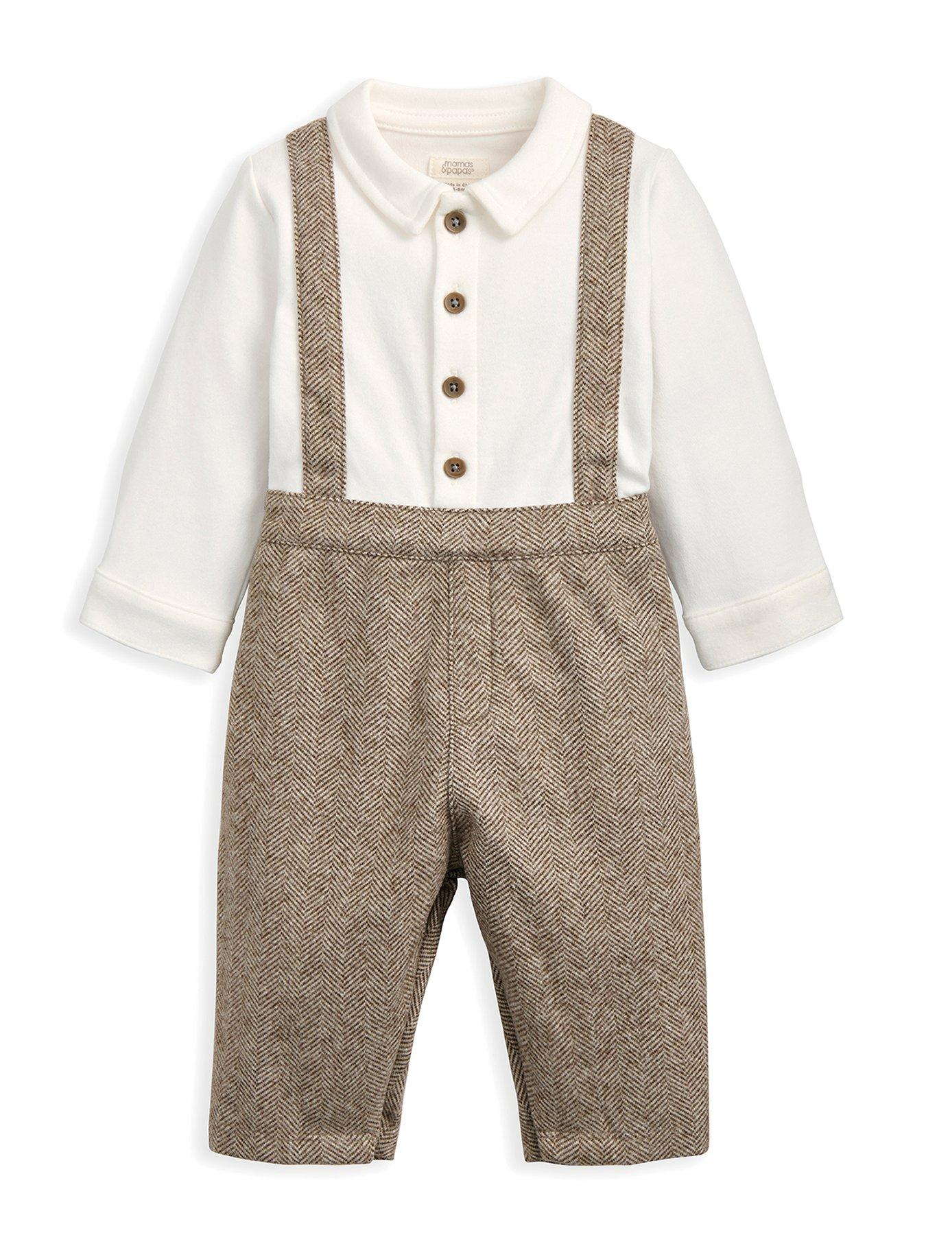 Mamas & Papas Baby Boys Herringbone Mock Shirt  &  Braces Romper - Beige