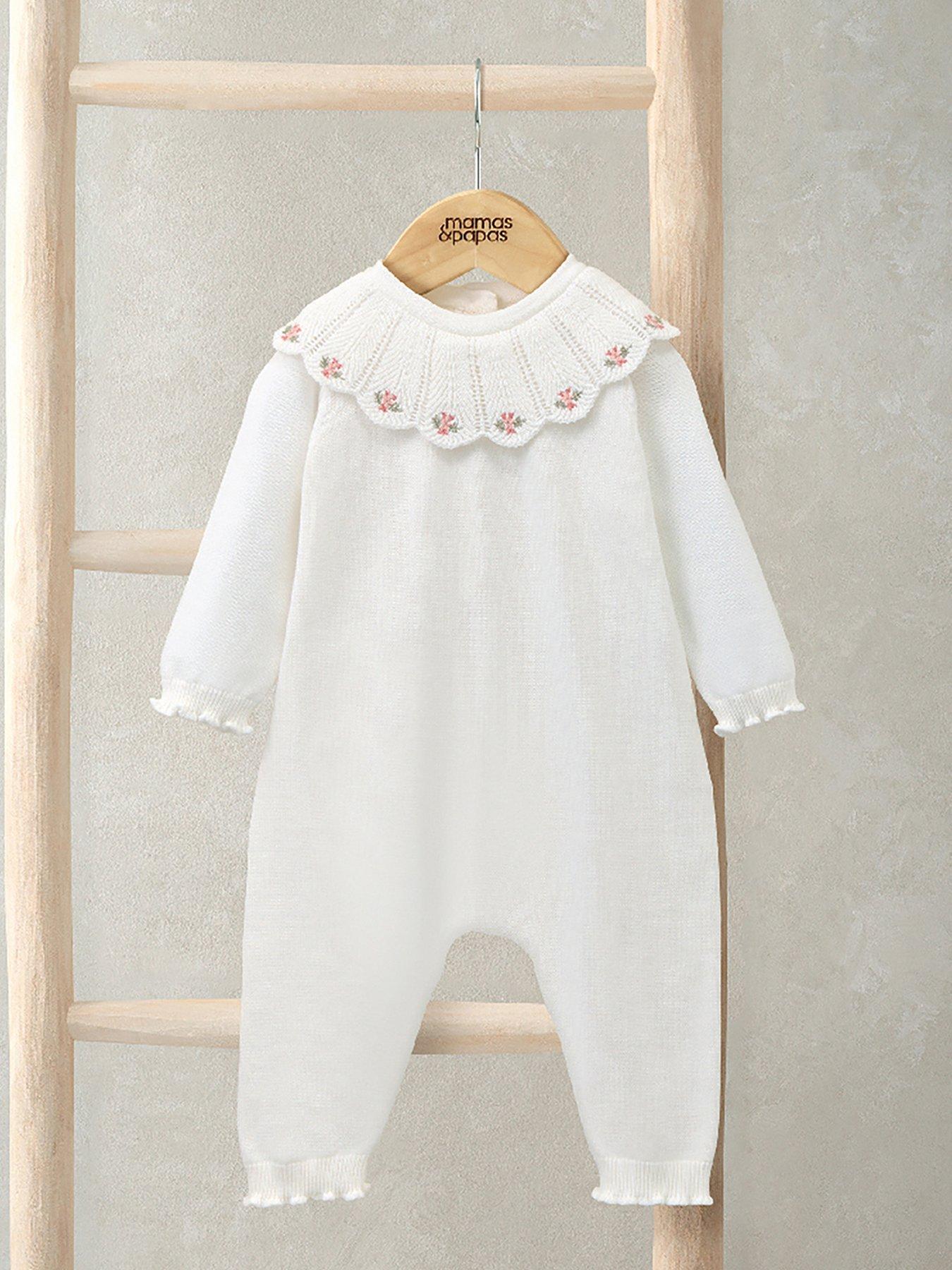 Mamas & Papas Baby Girls Knitted Embroidered Scallop Collar Romper With Frill Trim - White