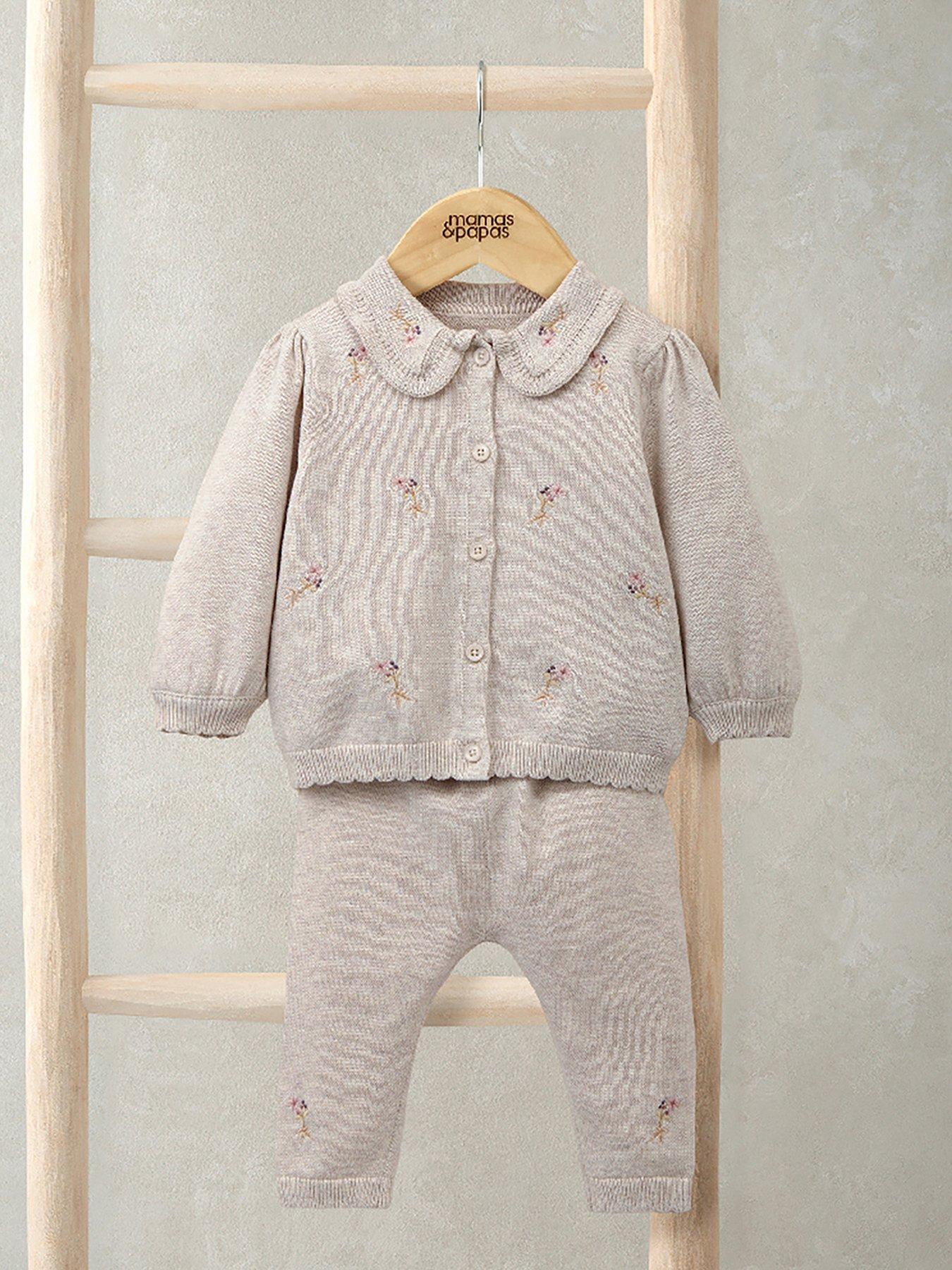 Mamas & Papas Baby Girls 2 Piece Embroidered Knitted Cardigan  &  Leggings Set - Cream
