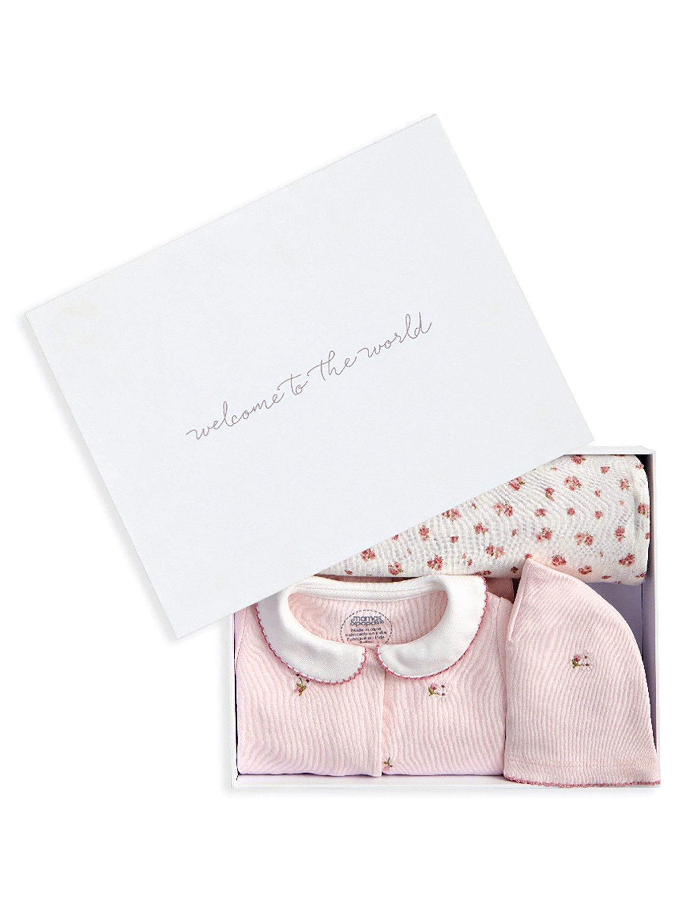 Mamas & Papas Baby Girls Embroidered Sleepsuit, Hat  &  Blanket Gift Box Set - Pink