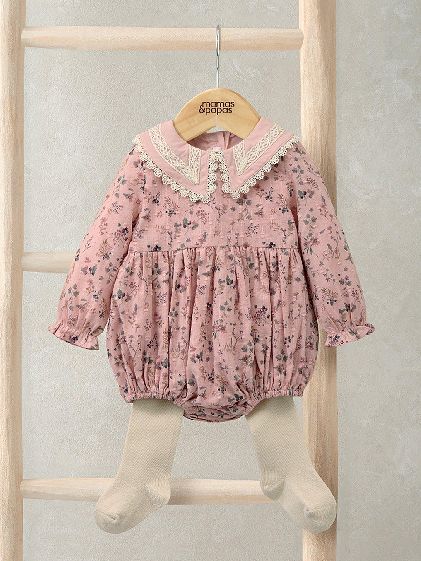 Mamas & Papas Baby Girls 2 Piece Bramble Print Shortie Romper  &  Tights Set - Pink