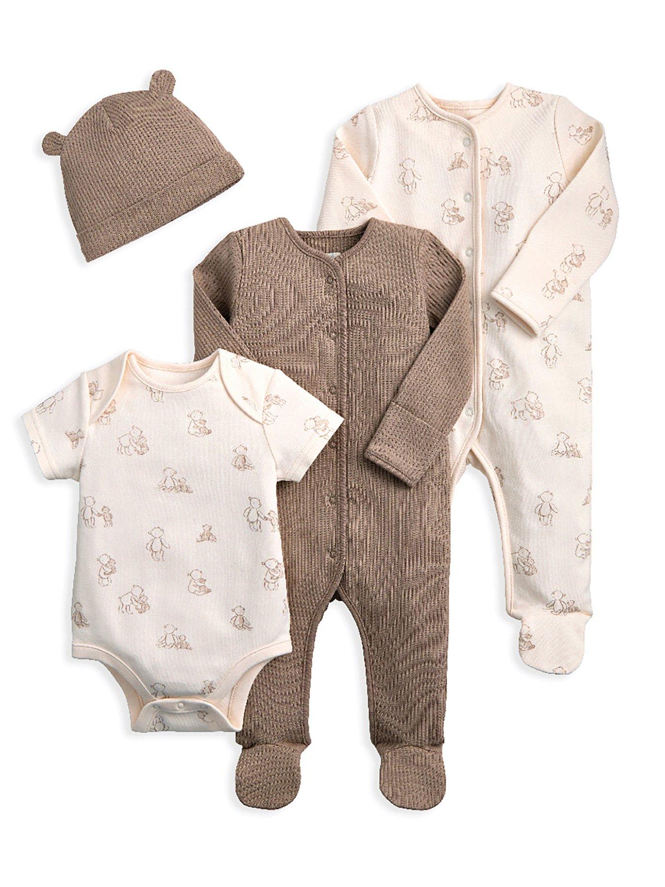 Mamas & Papas Baby Unisex 4 Piece Teddy Bear Sleepsuits, Bodysuit  &  Hat Set - Beige