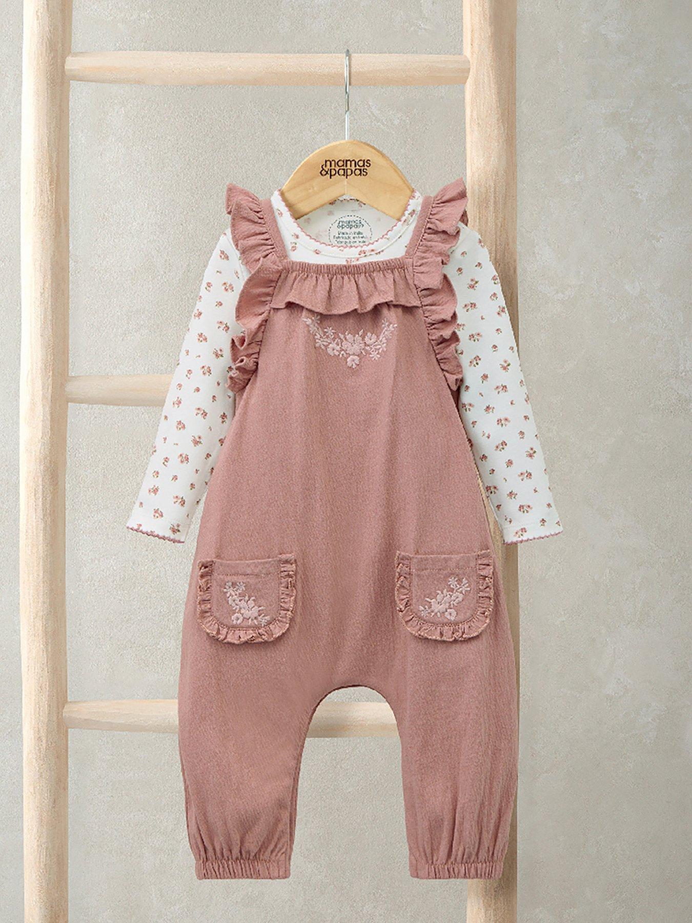 Mamas & Papas Baby Girls 2 Piece Floral Dungaree  &  Bodysuit Set - Pink