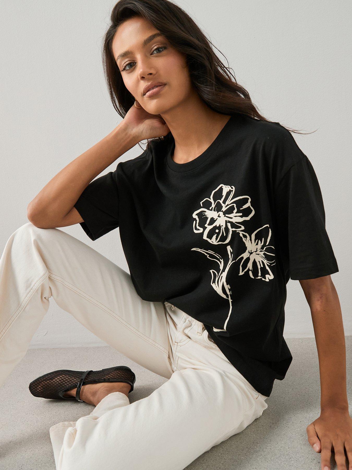 Image 1 of 7 of The Very Collection Floral Oversized Graphic T-shirt - Black